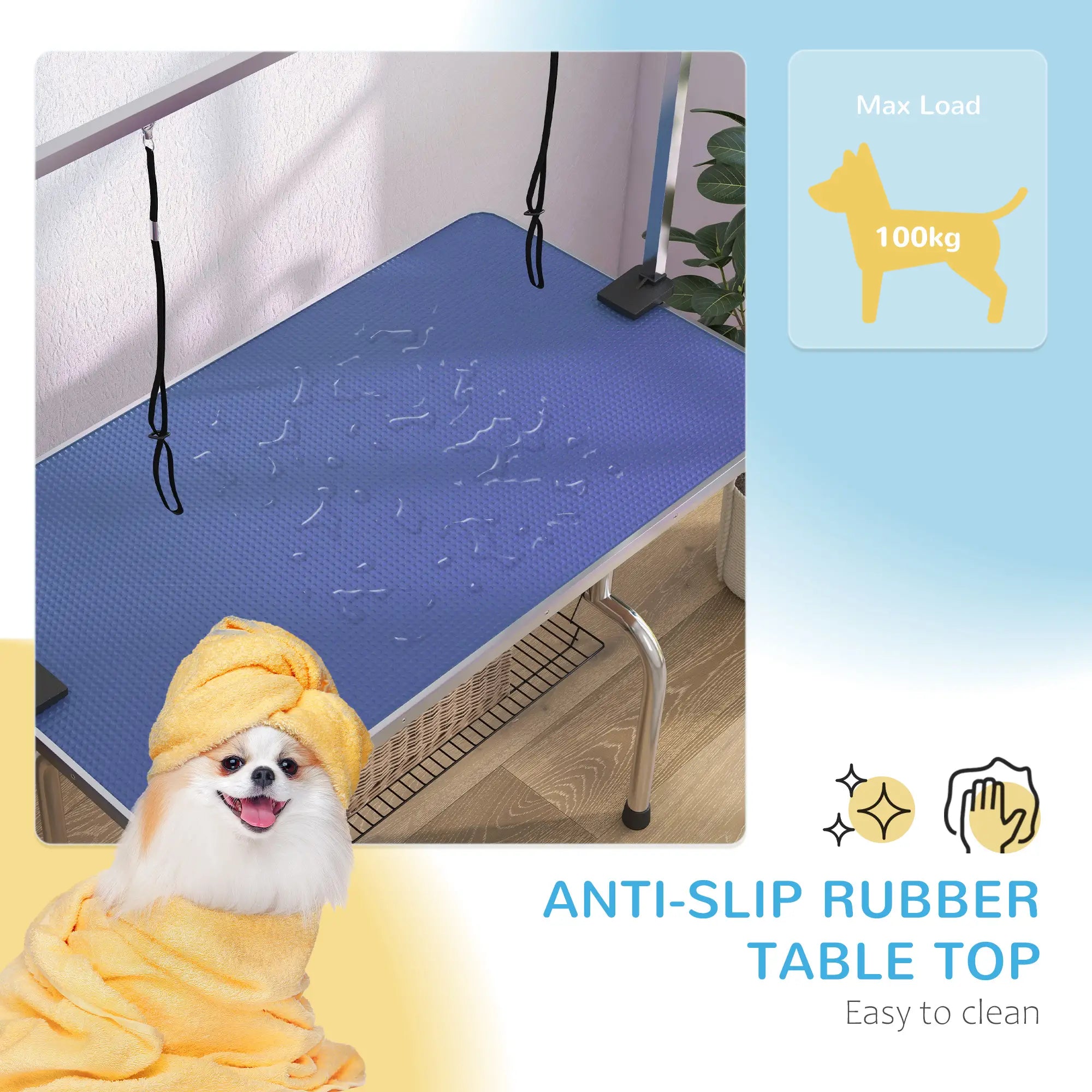 42" Dog Grooming Table, Adjustable Pet Cat Drying Beauty Table with 2 Loops Storage Basket, Rubber Top, Blue