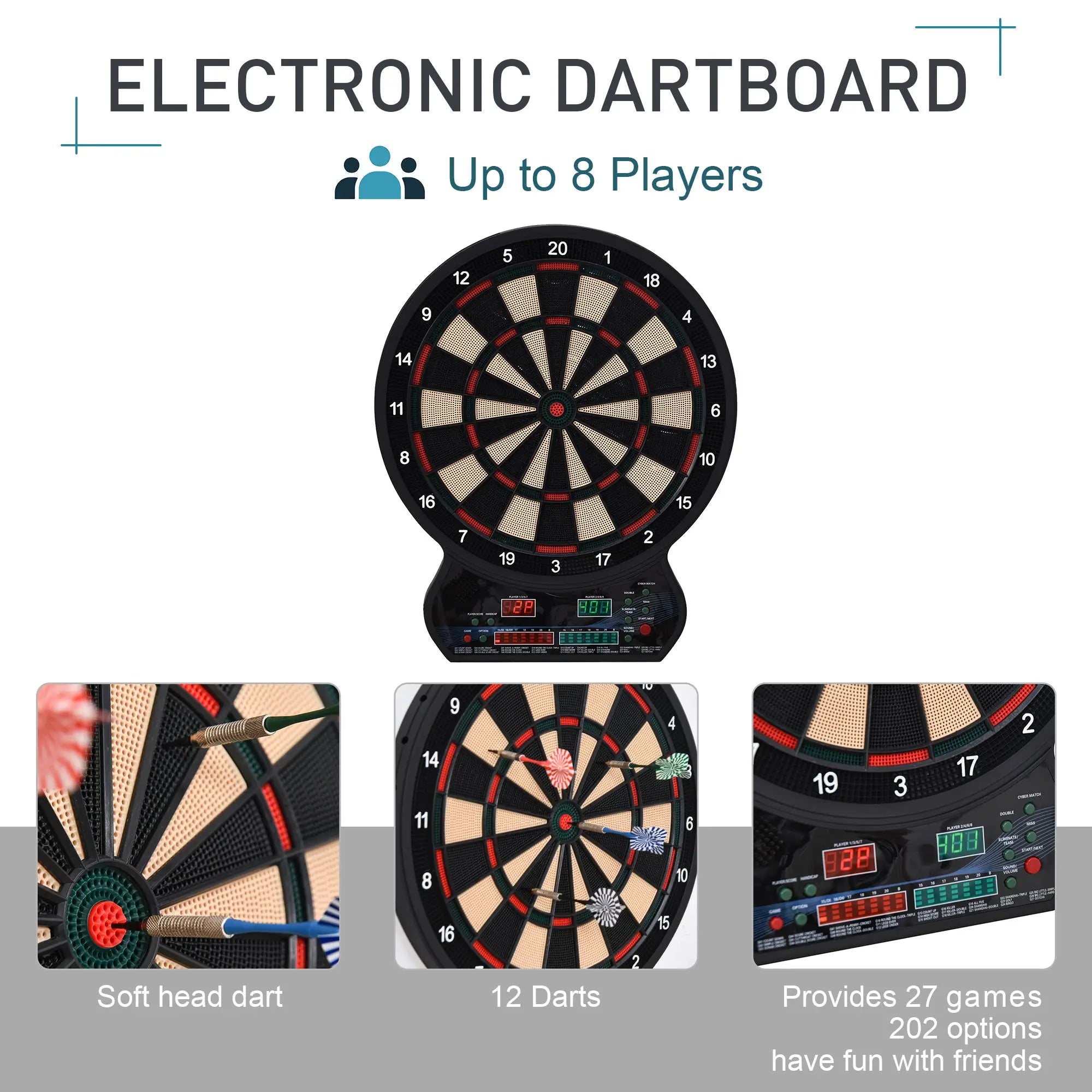 Electronic Hanging Dartboard LED Digital Score Set 27 Games and 202 Variations with 12 Soft Tip Darts
