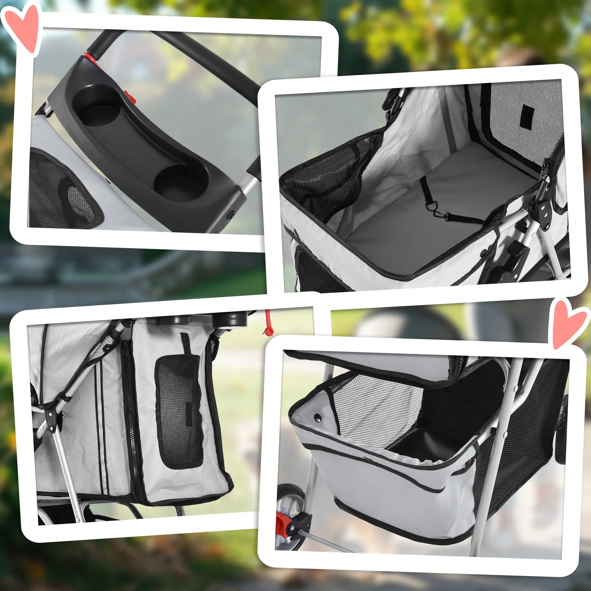 Dog Stroller, 3 Wheels Foldable Cat Dog Pram with Cup Holder, Storage Basket, Pet Stroller for Small Miniature Dogs, Grey