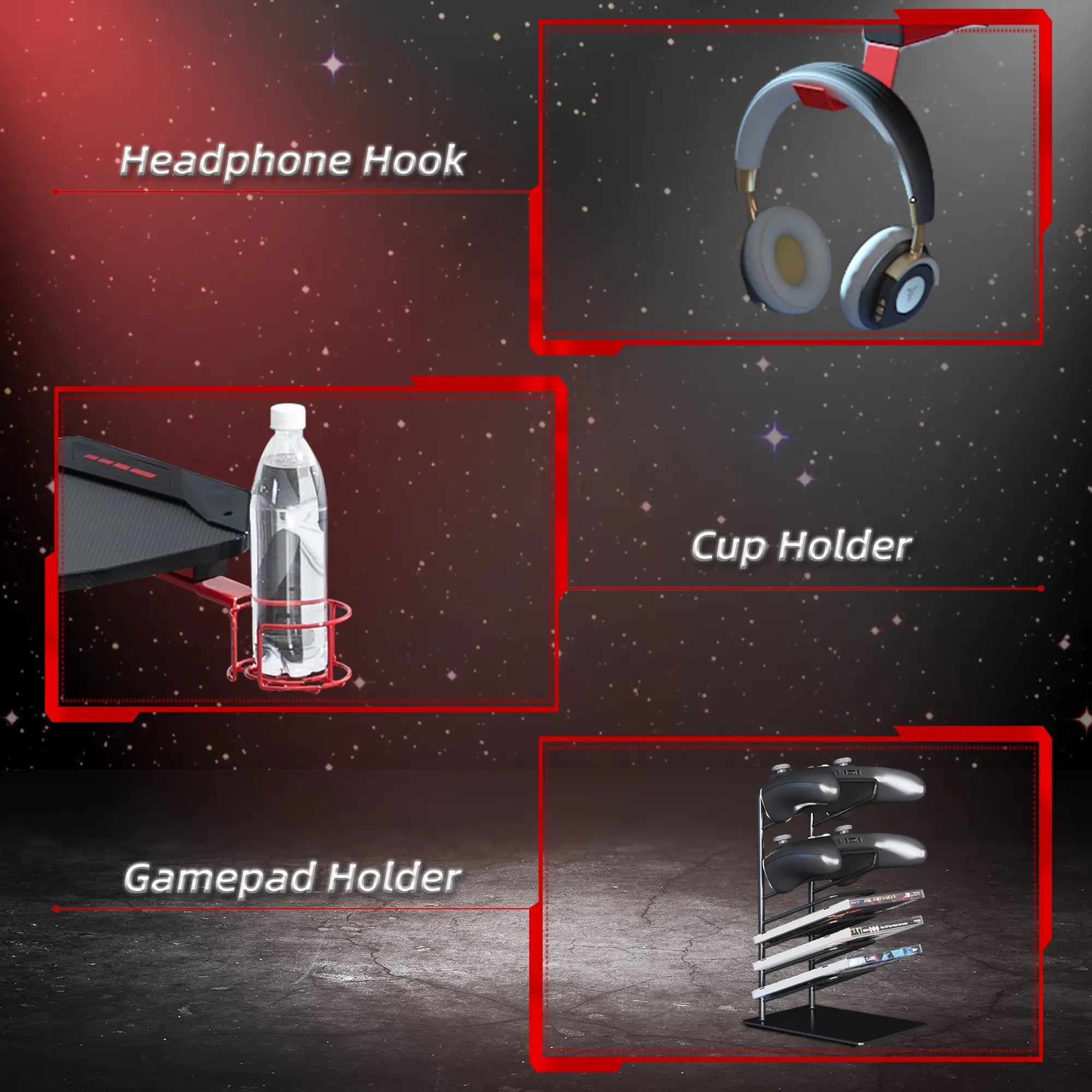 122 x 66 cm Gaming Desk, Carbon Fibre Covered Computer Desk, Gamer Workstation with Headphone Hook, Cup Holder and Gamepad Storage Rack, Black and Red Bargain Clearance Centre