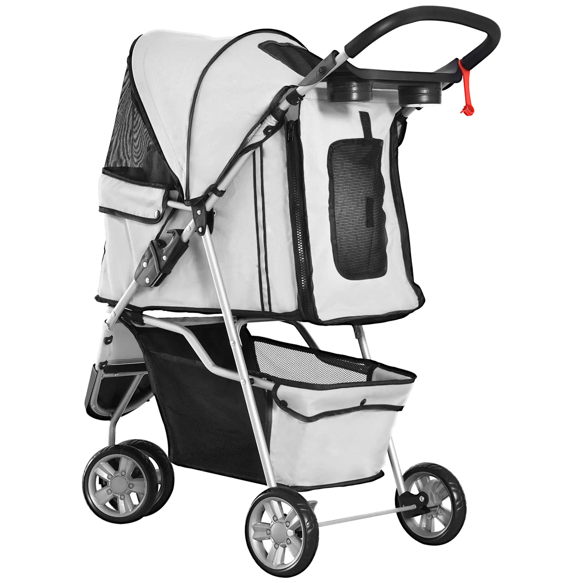Dog Stroller, 3 Wheels Foldable Cat Dog Pram with Cup Holder, Storage Basket, Pet Stroller for Small Miniature Dogs, Grey