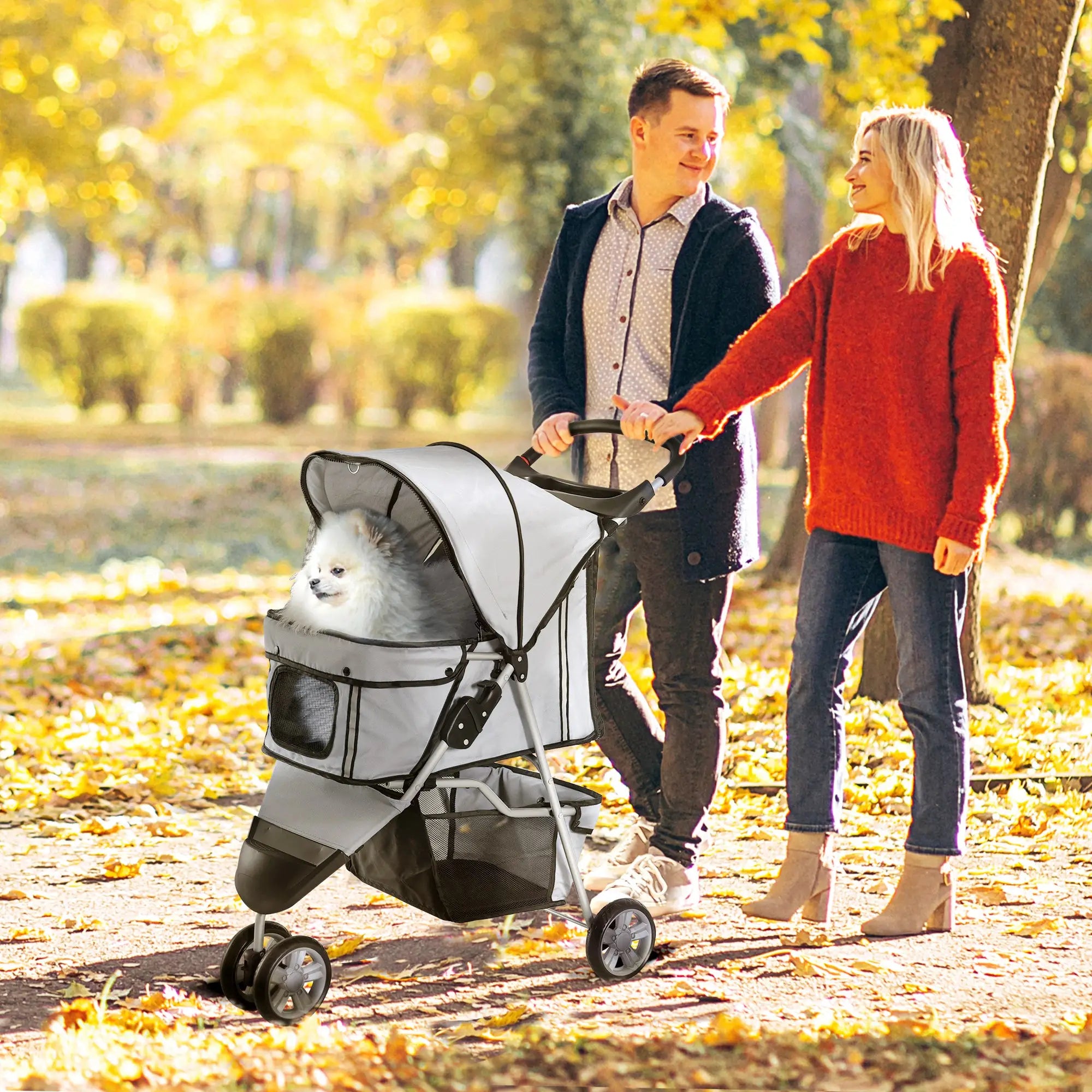 Dog Stroller, 3 Wheels Foldable Cat Dog Pram with Cup Holder, Storage Basket, Pet Stroller for Small Miniature Dogs, Grey