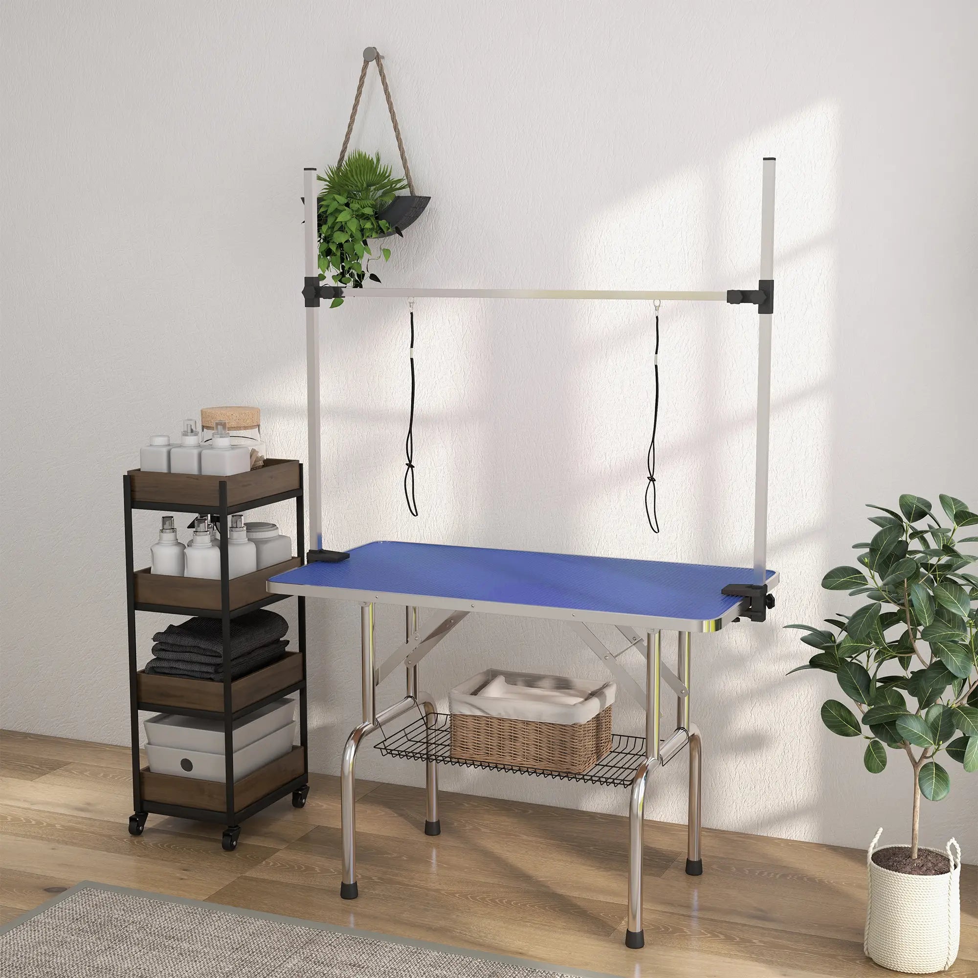 42" Dog Grooming Table, Adjustable Pet Cat Drying Beauty Table with 2 Loops Storage Basket, Rubber Top, Blue