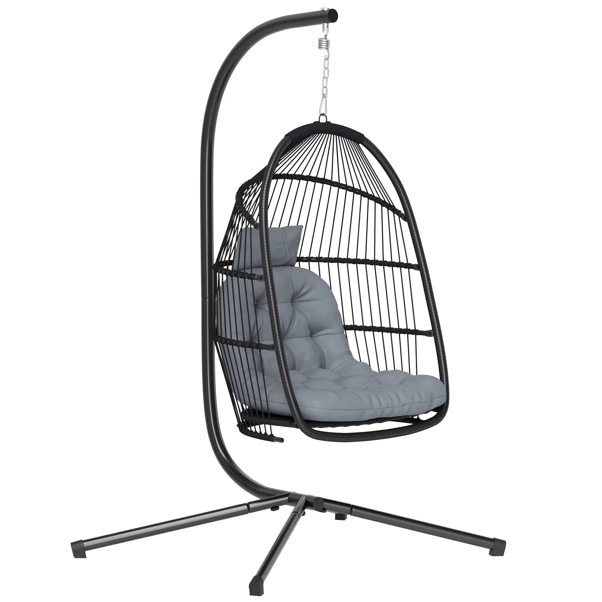 Rattan Hanging Egg Chair with Stand, Foldable Wicker Swing Egg Chair with Cushion, Head Pillow, Steel Frame, Hammock Chair for Indoor Outdoor, Capacity 150 kg, Dark Grey