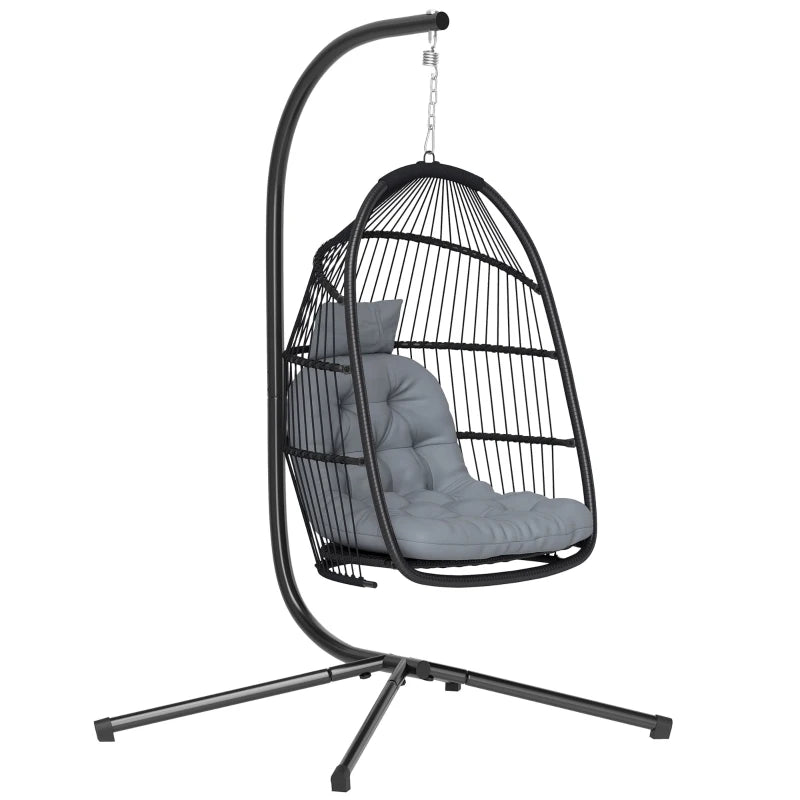 Rattan Hanging Egg Chair with Stand, Foldable Wicker Swing Egg Chair with Cushion, Head Pillow, Steel Frame, Hammock Chair for Indoor Outdoor, Capacity 150 kg, Dark Grey