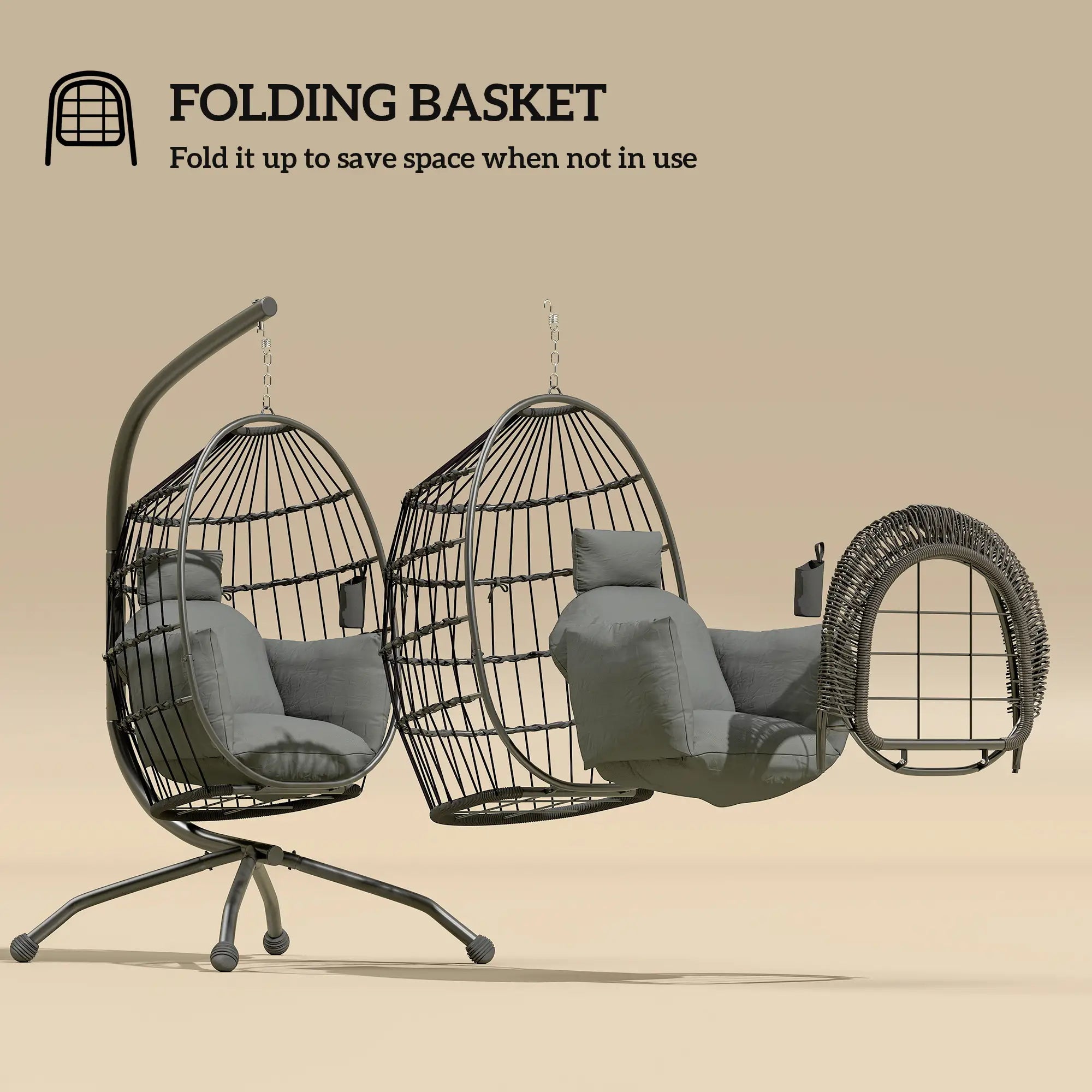 Hanging Egg Chair Outdoor Indoor Garden Swing Chair with Folding Basket and Thickened Cushion, Garden Hanging Chair with Stand, Headrest, Cup Holder for Patio, Balcony, Dark Grey