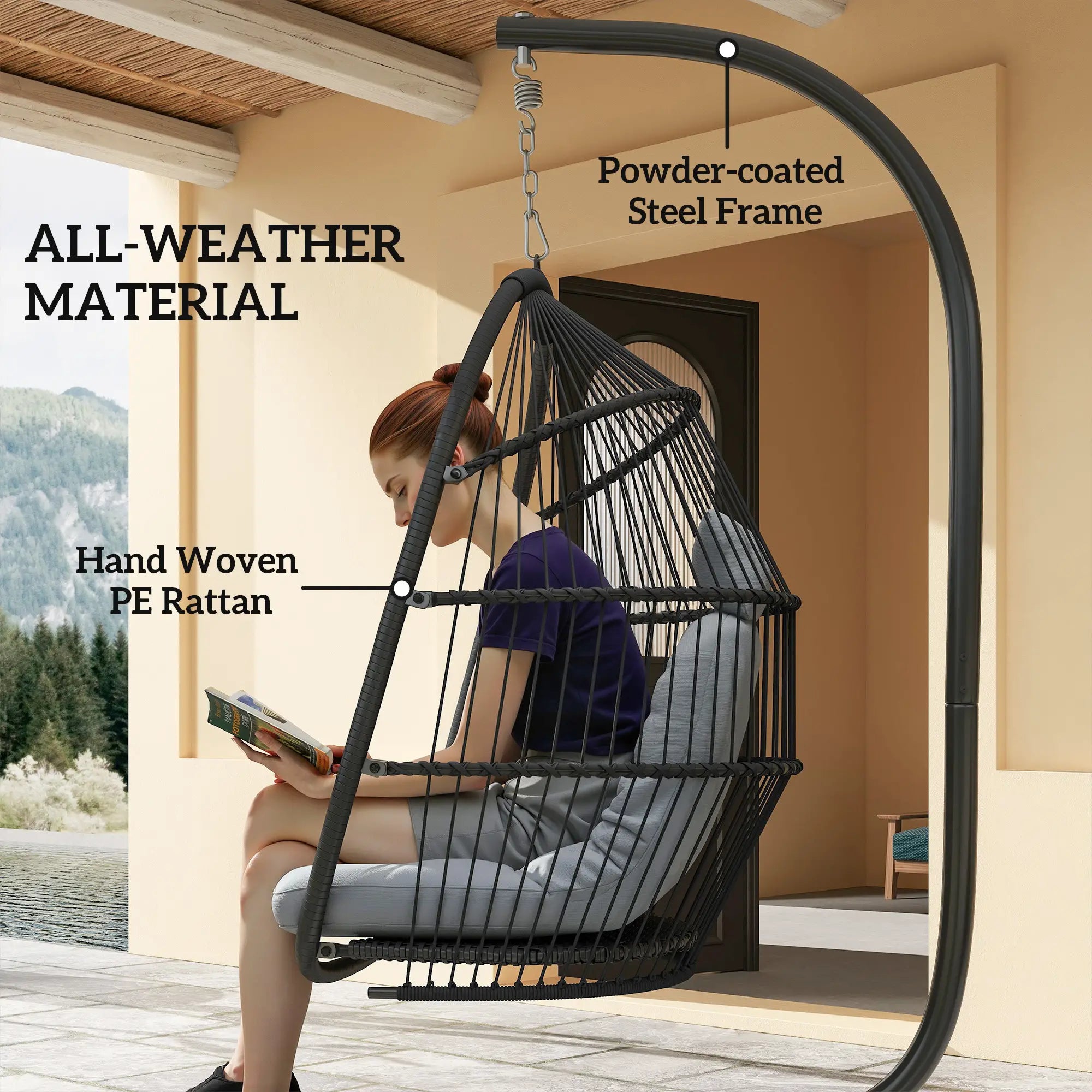 Rattan Hanging Egg Chair with Stand, Foldable Wicker Swing Egg Chair with Cushion, Head Pillow, Steel Frame, Hammock Chair for Indoor Outdoor, Capacity 150 kg, Dark Grey