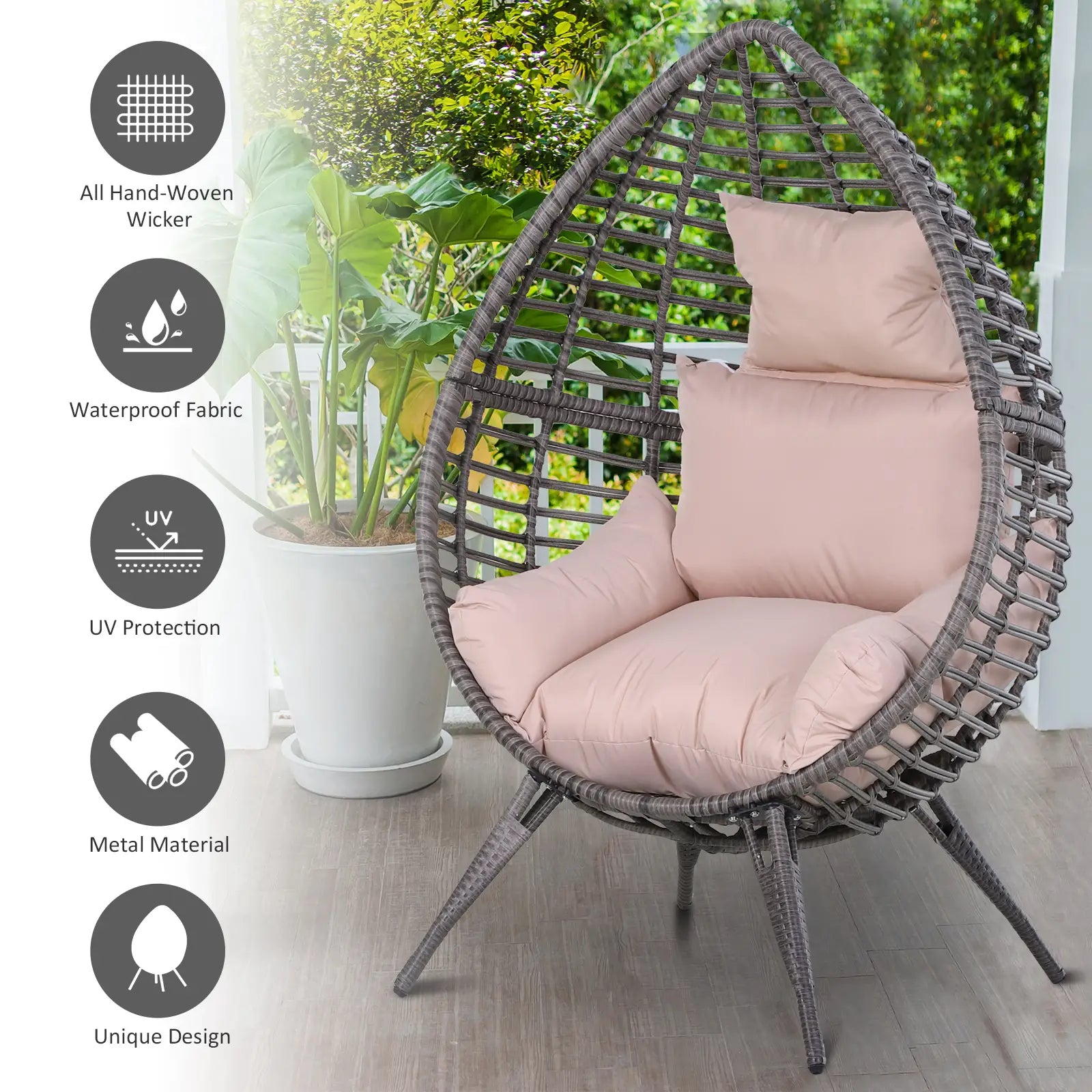 Garden Egg Chair, Teardrop Outdoor PE Rattan Chair with Full-body Soft Padded Cushion, Grey