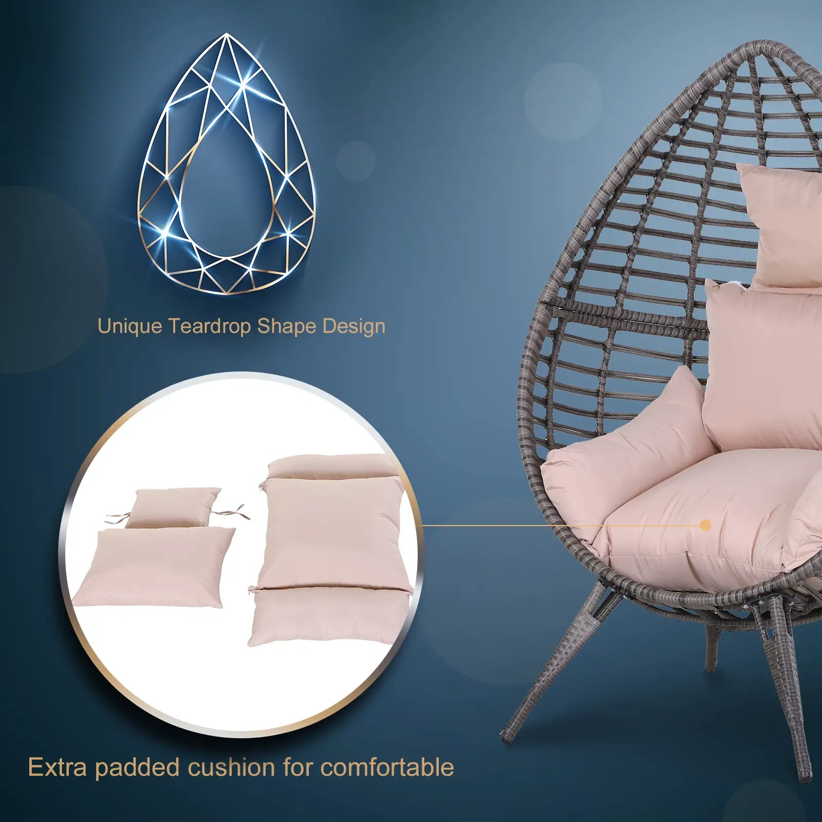 Garden Egg Chair, Teardrop Outdoor PE Rattan Chair with Full-body Soft Padded Cushion, Grey