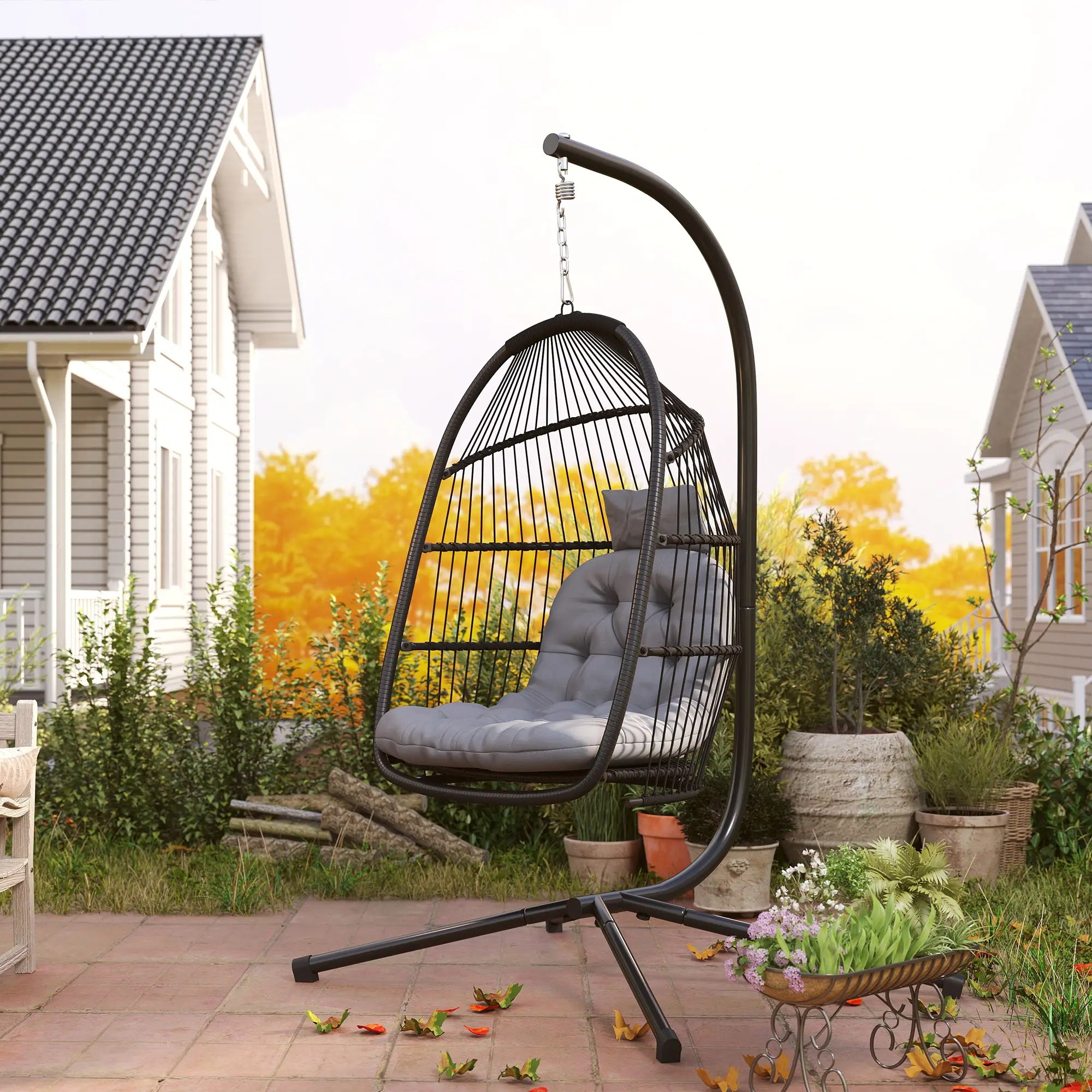Rattan Hanging Egg Chair with Stand, Foldable Wicker Swing Egg Chair with Cushion, Head Pillow, Steel Frame, Hammock Chair for Indoor Outdoor, Capacity 150 kg, Dark Grey