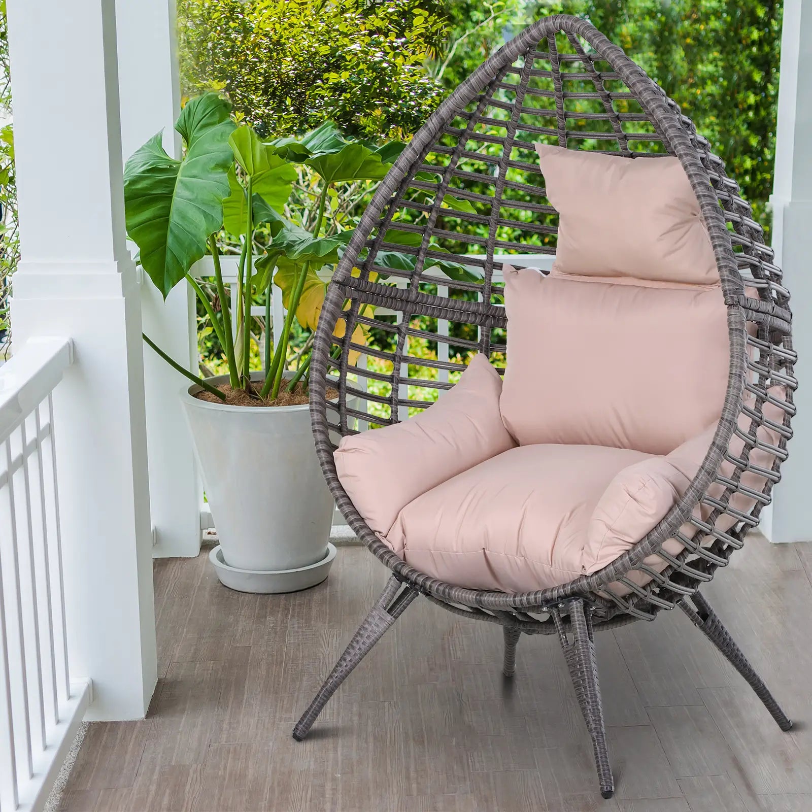 Garden Egg Chair, Teardrop Outdoor PE Rattan Chair with Full-body Soft Padded Cushion, Grey