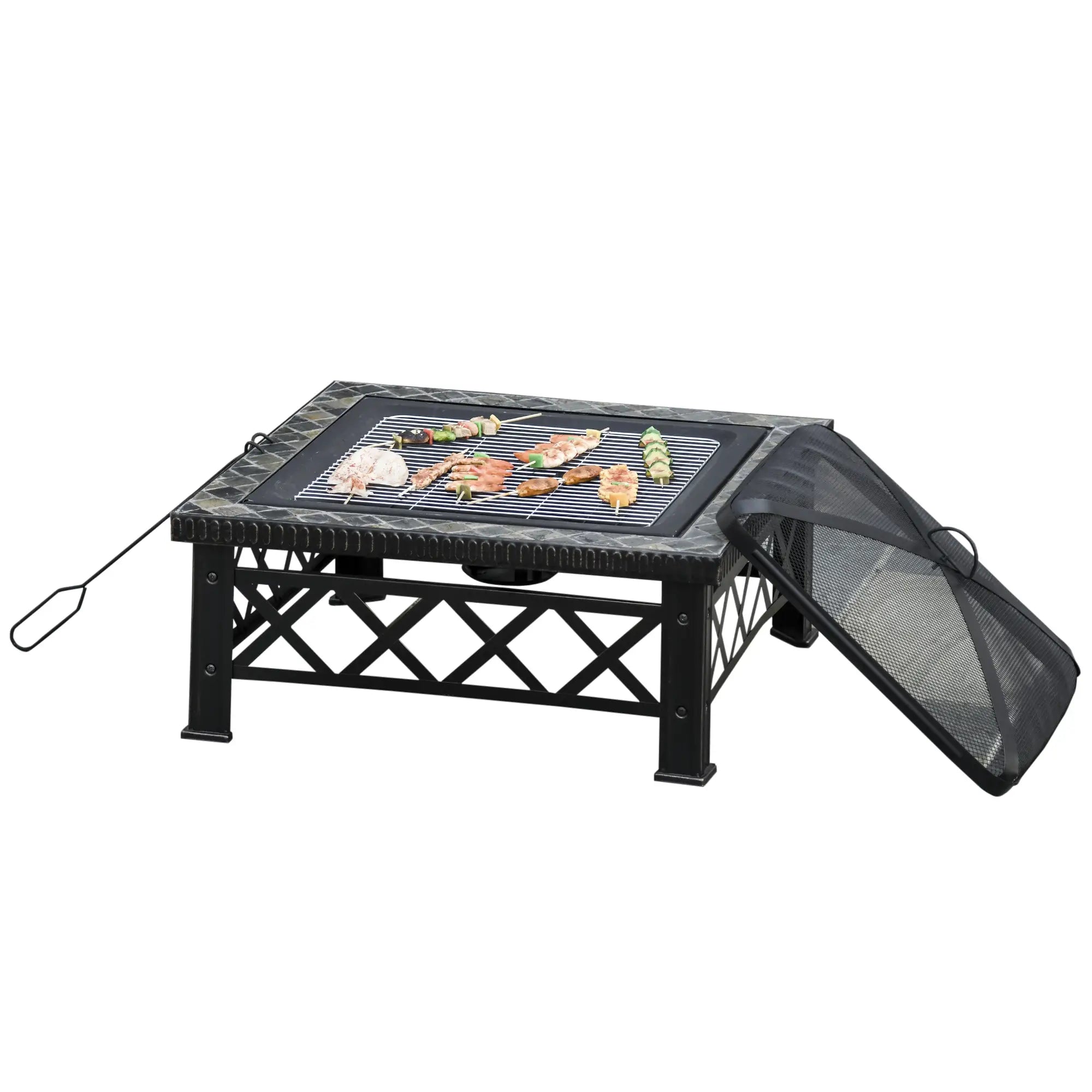 Large Outdoor Fire Pit Table, 3 in 1 Square Wood Burning Firepit Metal Brazier, BBQ Grill, Ice Bucket w/ Grill Grate, Log Grate, Lid, Poker for Garden, Camping, Bonfire, 76 x 76 x 47cm, Black