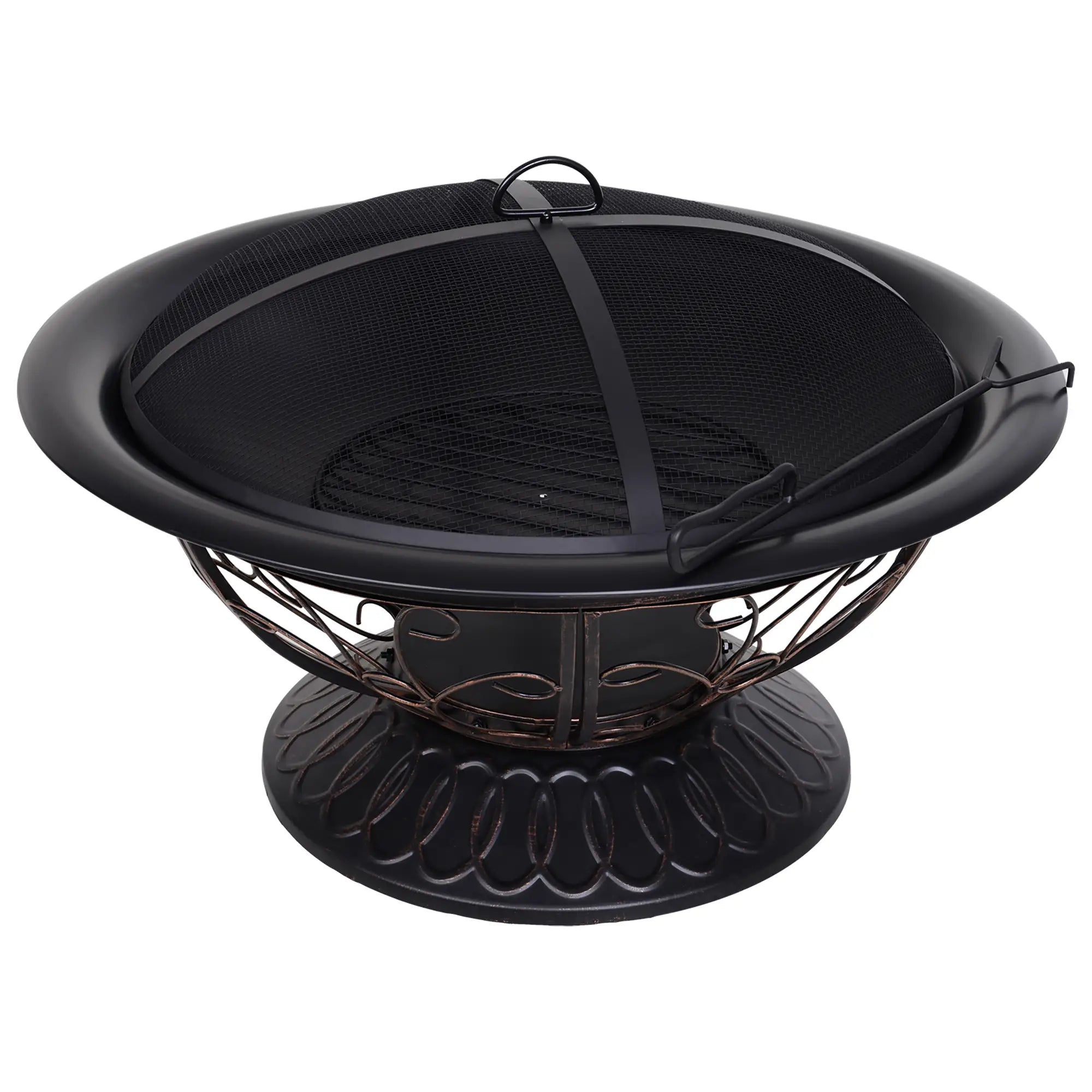 Metal Large Firepit Bowl Outdoor Round Fire Pit Brazier w/ Lid, Log Grate, Poker, Elegant Scrolls for Backyard, Camping, Bonfire, Wood Burning Stove, 76 x 76 x 50cm, Black