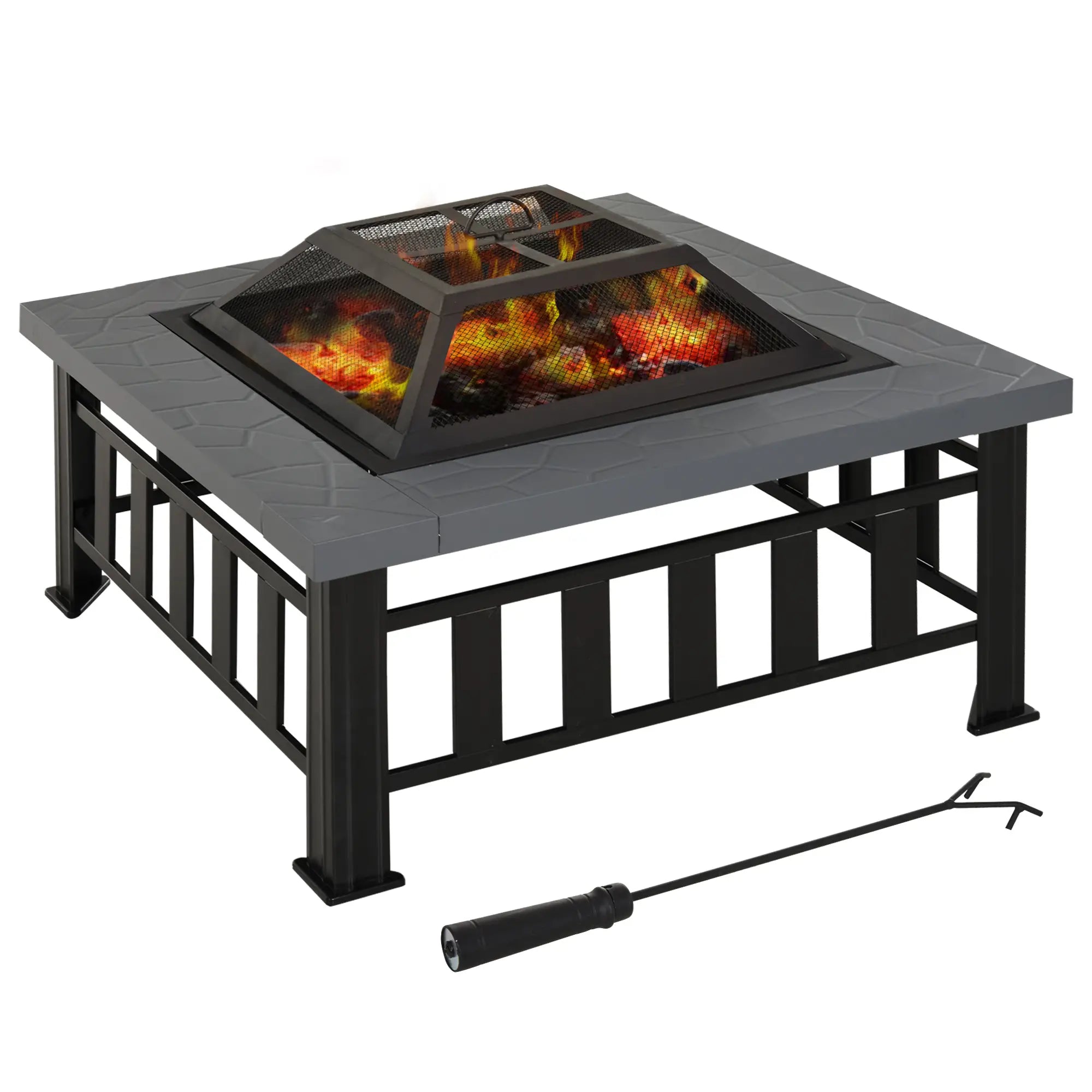Metal Large Firepit Outdoor Square Fire Pit Brazier w/ Rain Cover, Lid, Log Grate, Poker for Backyard, Camping, BBQ, Bonfire, Wood Burning Stove, 86 x 86 x 54cm, Black
