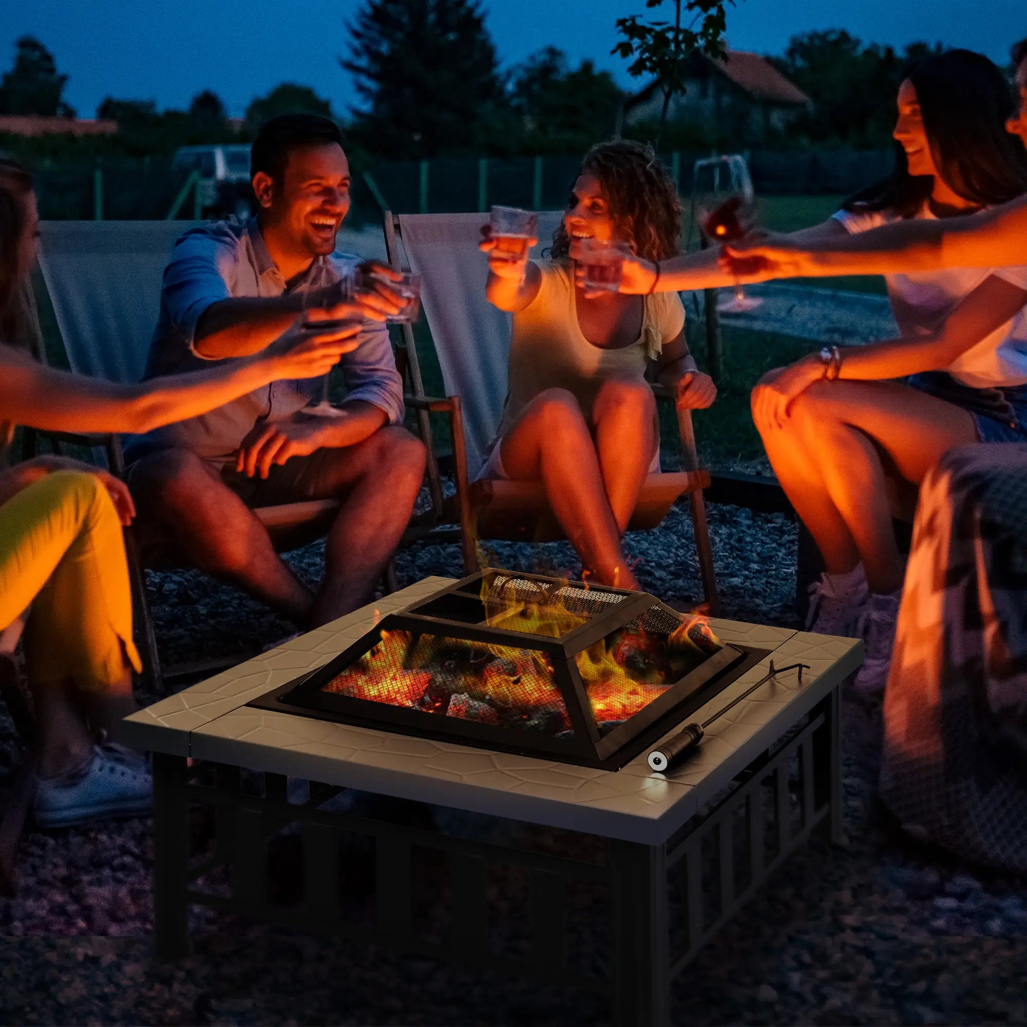 Metal Large Firepit Outdoor Square Fire Pit Brazier w/ Rain Cover, Lid, Log Grate, Poker for Backyard, Camping, BBQ, Bonfire, Wood Burning Stove, 86 x 86 x 54cm, Black