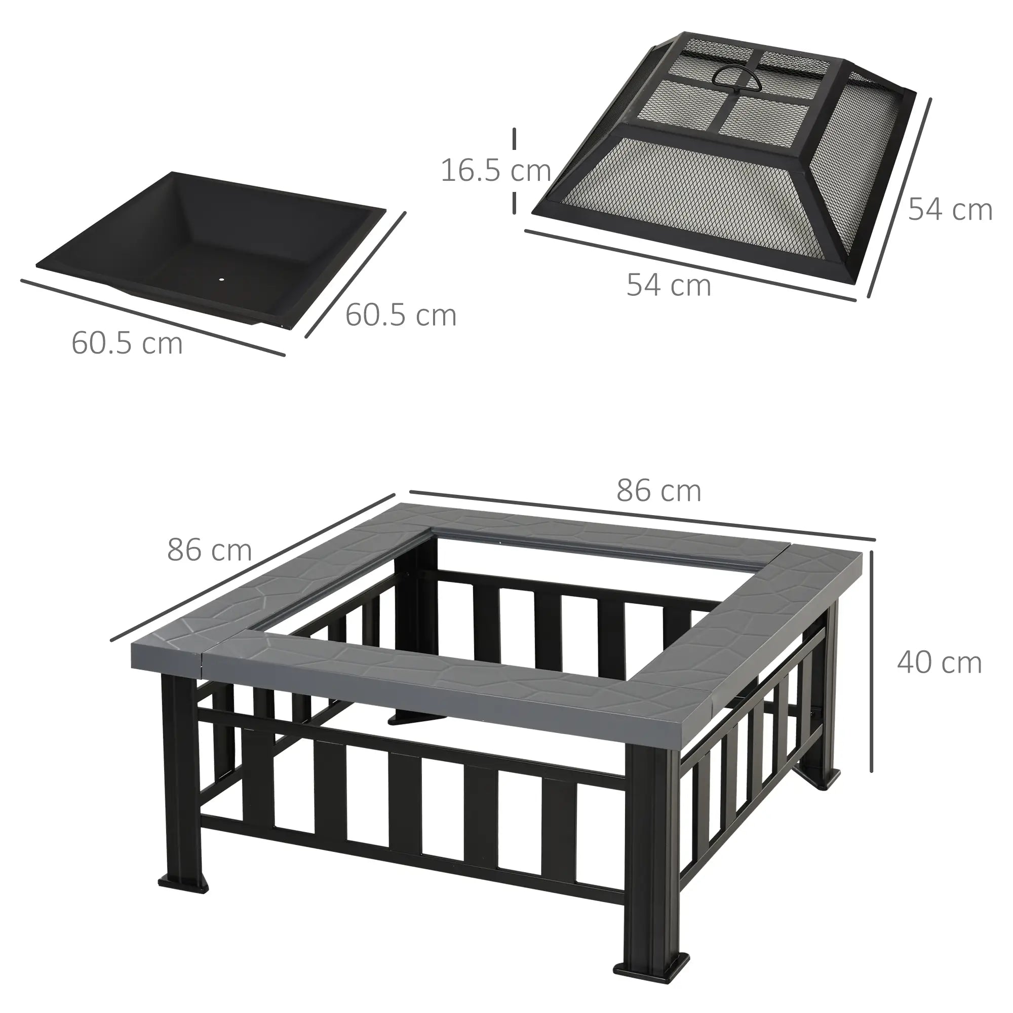 Metal Large Firepit Outdoor Square Fire Pit Brazier w/ Rain Cover, Lid, Log Grate, Poker for Backyard, Camping, BBQ, Bonfire, Wood Burning Stove, 86 x 86 x 54cm, Black