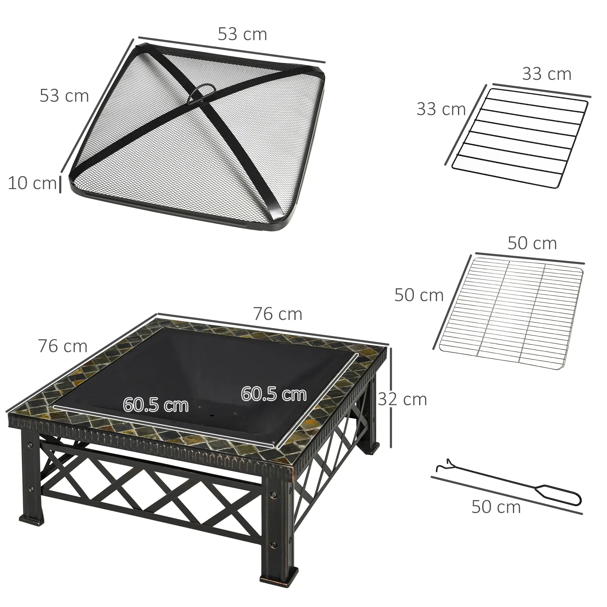 Large Outdoor Fire Pit Table, 3 in 1 Square Wood Burning Firepit Metal Brazier, BBQ Grill, Ice Bucket w/ Grill Grate, Log Grate, Lid, Poker for Garden, Camping, Bonfire, 76 x 76 x 47cm, Black