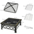 Large Outdoor Fire Pit Table, 3 in 1 Square Wood Burning Firepit Metal Brazier, BBQ Grill, Ice Bucket w/ Grill Grate, Log Grate, Lid, Poker for Garden, Camping, Bonfire, 76 x 76 x 47cm, Black