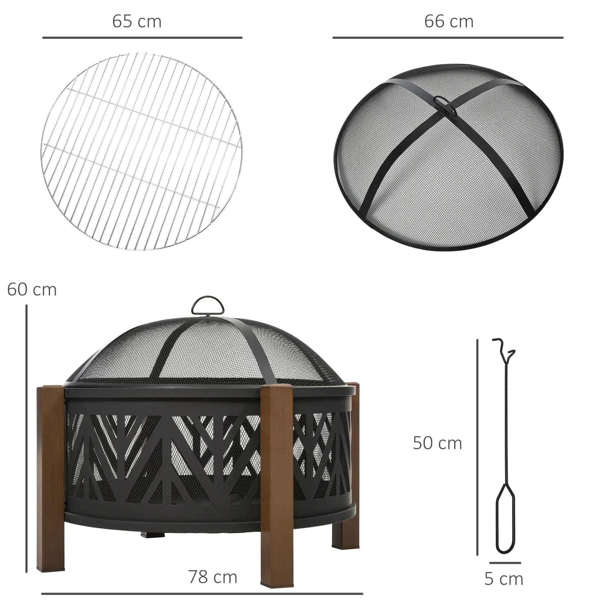 Metal Large Firepit Bowl Outdoor 2-In-1 Round Fire Pit Brazier w/ Lid, BBQ Grill, Poker for Backyard, Camping, Bonfire, Wood Burning Stove, 78 x 78 x 60cm, Black
