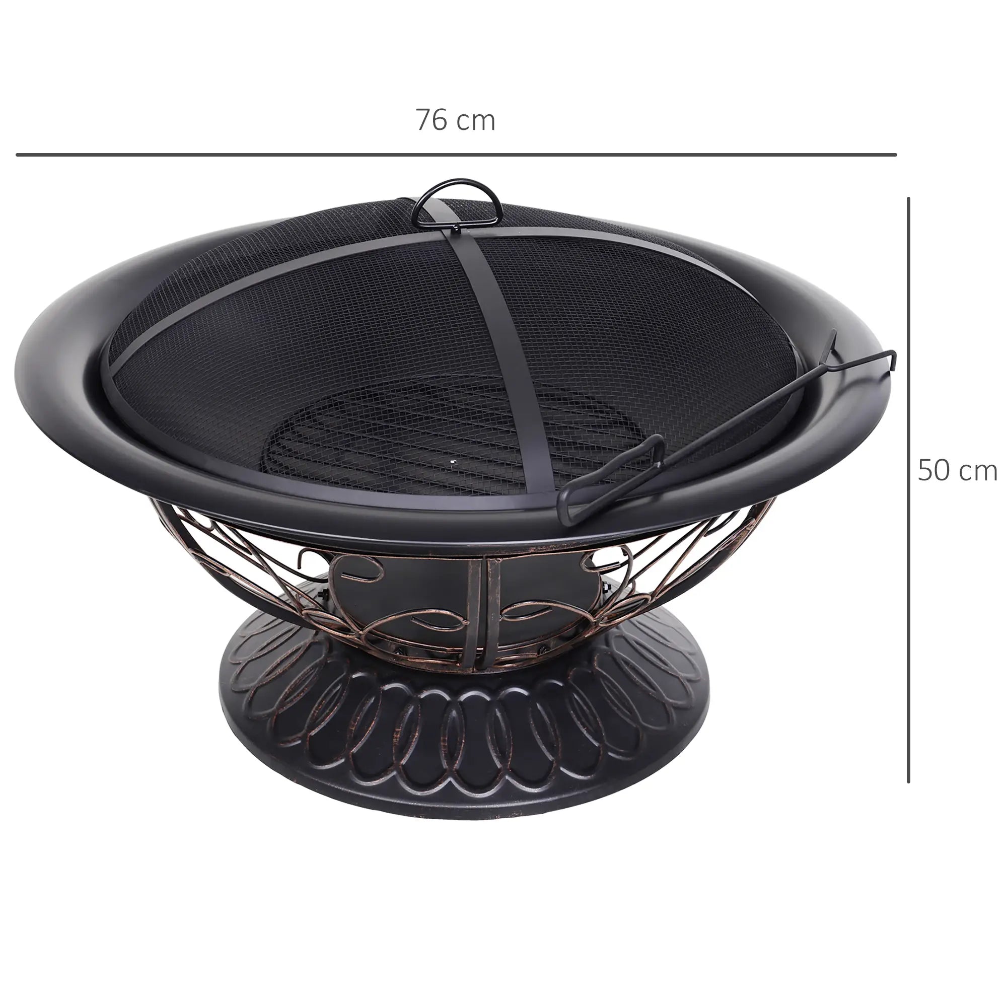 Metal Large Firepit Bowl Outdoor Round Fire Pit Brazier w/ Lid, Log Grate, Poker, Elegant Scrolls for Backyard, Camping, Bonfire, Wood Burning Stove, 76 x 76 x 50cm, Black