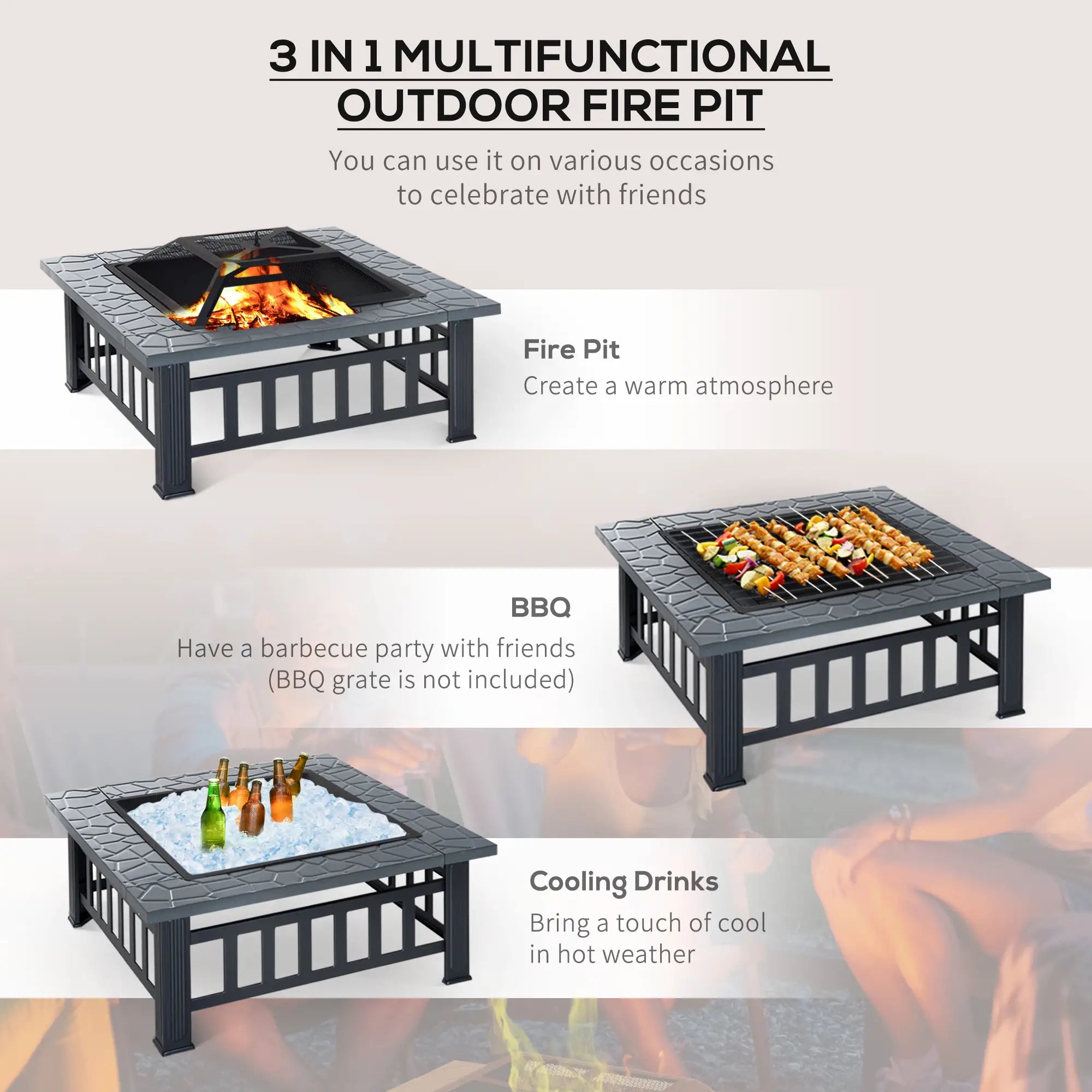 Metal Large Firepit Outdoor Square Fire Pit Brazier w/ Rain Cover, Lid, Log Grate, Poker for Backyard, Camping, BBQ, Bonfire, Wood Burning Stove, 86 x 86 x 54cm, Black