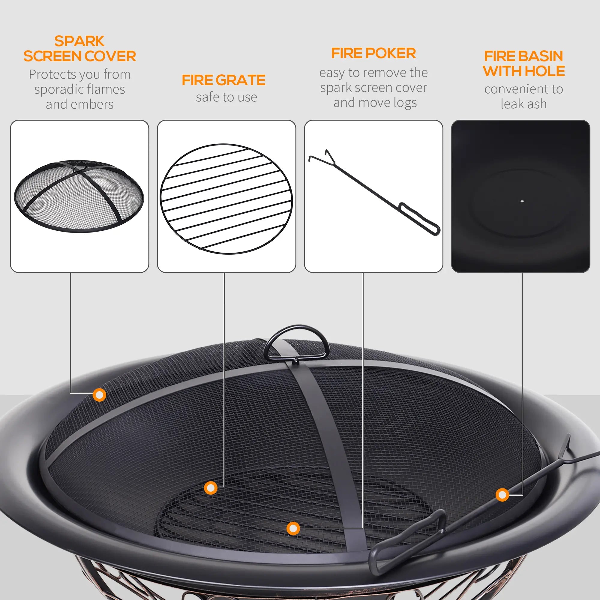 Metal Large Firepit Bowl Outdoor Round Fire Pit Brazier w/ Lid, Log Grate, Poker, Elegant Scrolls for Backyard, Camping, Bonfire, Wood Burning Stove, 76 x 76 x 50cm, Black