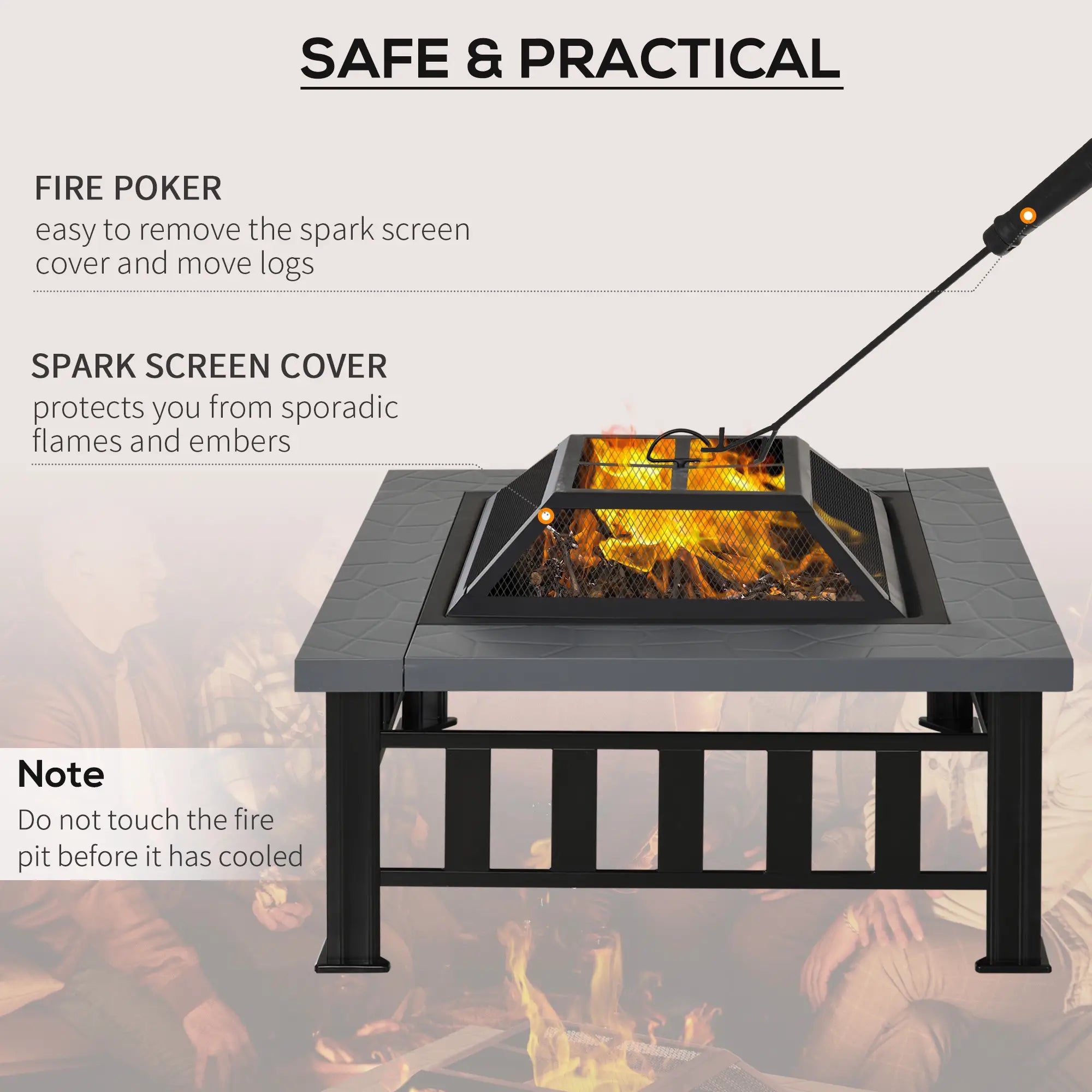Metal Large Firepit Outdoor Square Fire Pit Brazier w/ Rain Cover, Lid, Log Grate, Poker for Backyard, Camping, BBQ, Bonfire, Wood Burning Stove, 86 x 86 x 54cm, Black