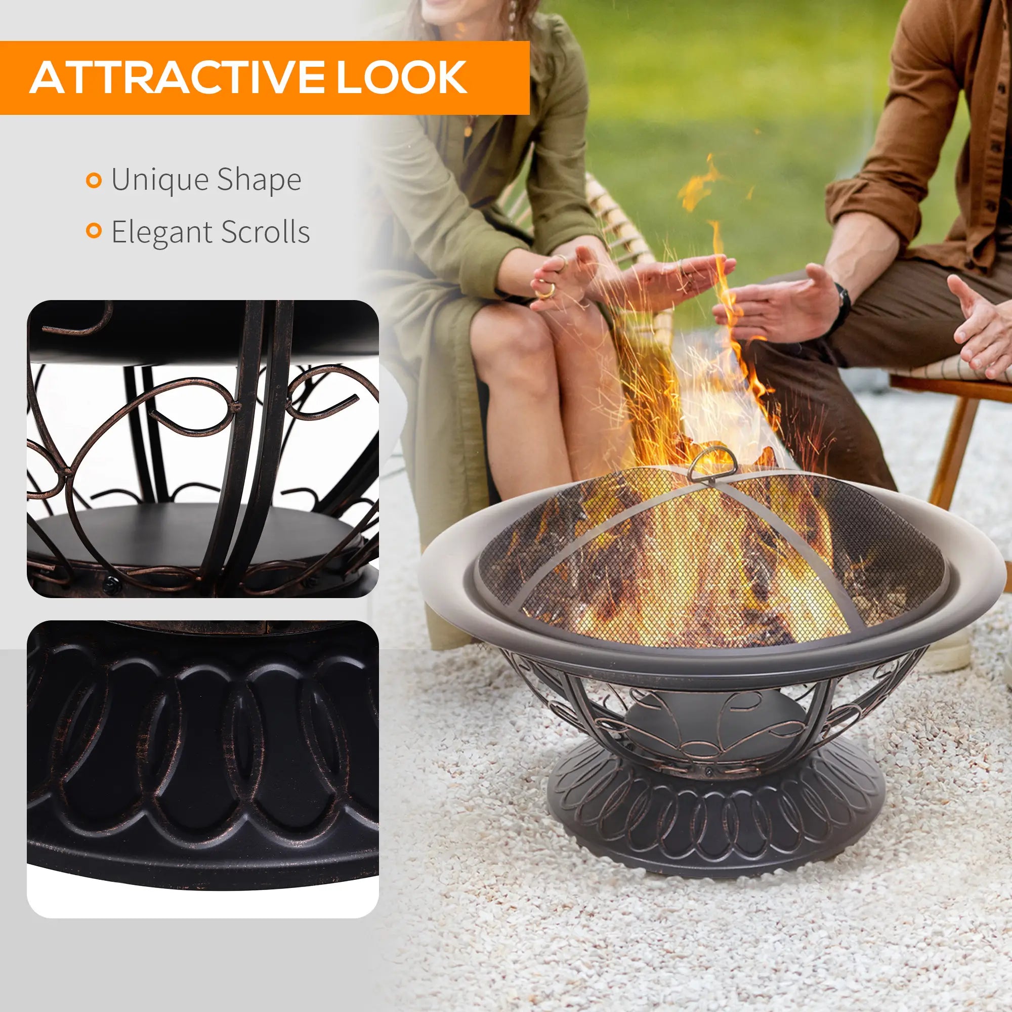 Metal Large Firepit Bowl Outdoor Round Fire Pit Brazier w/ Lid, Log Grate, Poker, Elegant Scrolls for Backyard, Camping, Bonfire, Wood Burning Stove, 76 x 76 x 50cm, Black