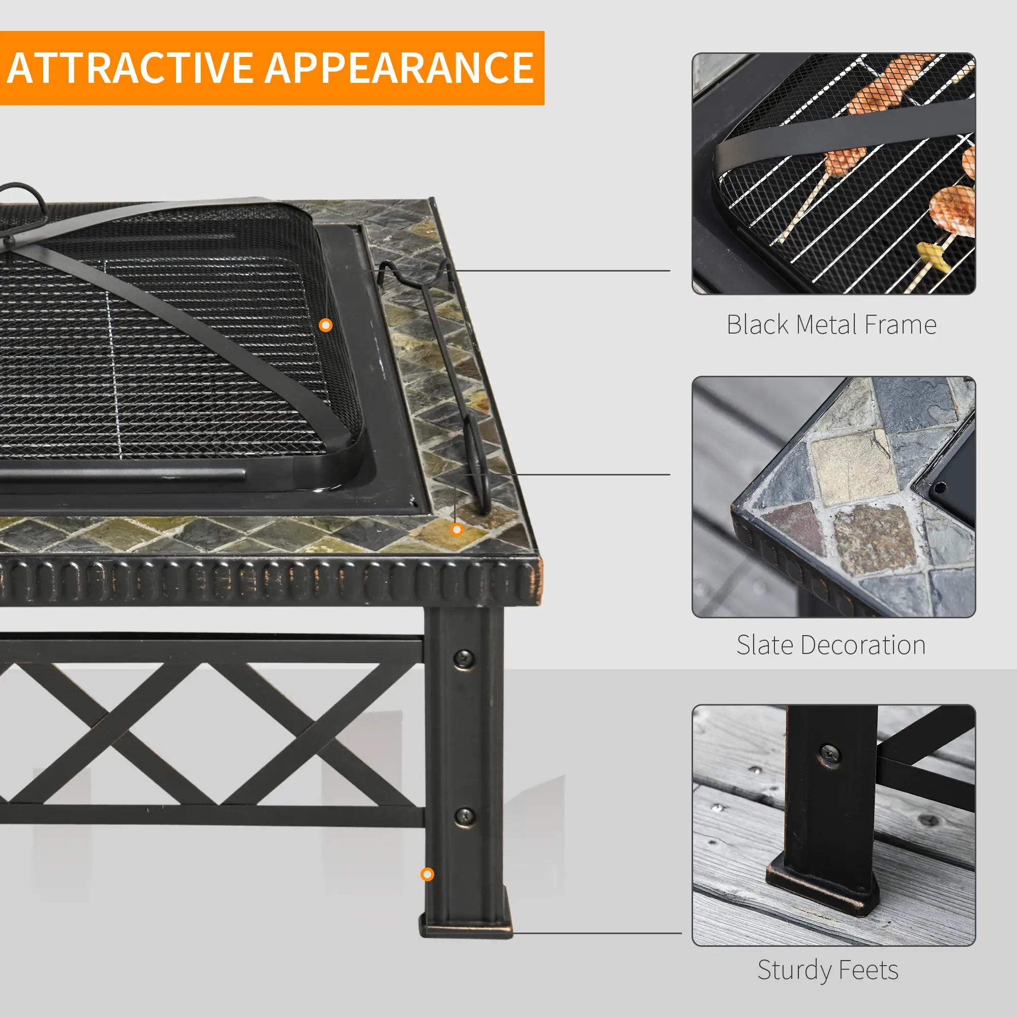 Large Outdoor Fire Pit Table, 3 in 1 Square Wood Burning Firepit Metal Brazier, BBQ Grill, Ice Bucket w/ Grill Grate, Log Grate, Lid, Poker for Garden, Camping, Bonfire, 76 x 76 x 47cm, Black