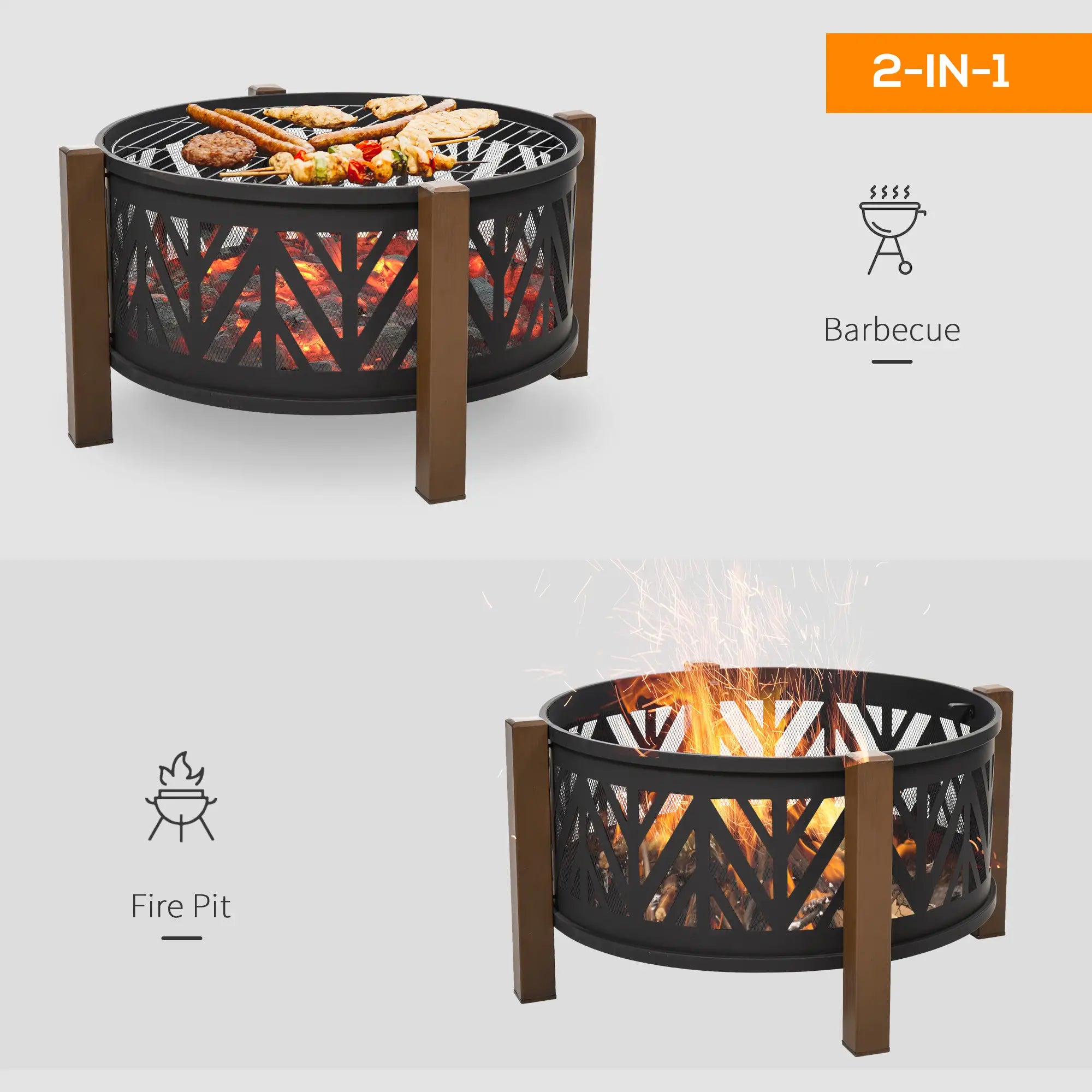 Metal Large Firepit Bowl Outdoor 2-In-1 Round Fire Pit Brazier w/ Lid, BBQ Grill, Poker for Backyard, Camping, Bonfire, Wood Burning Stove, 78 x 78 x 60cm, Black