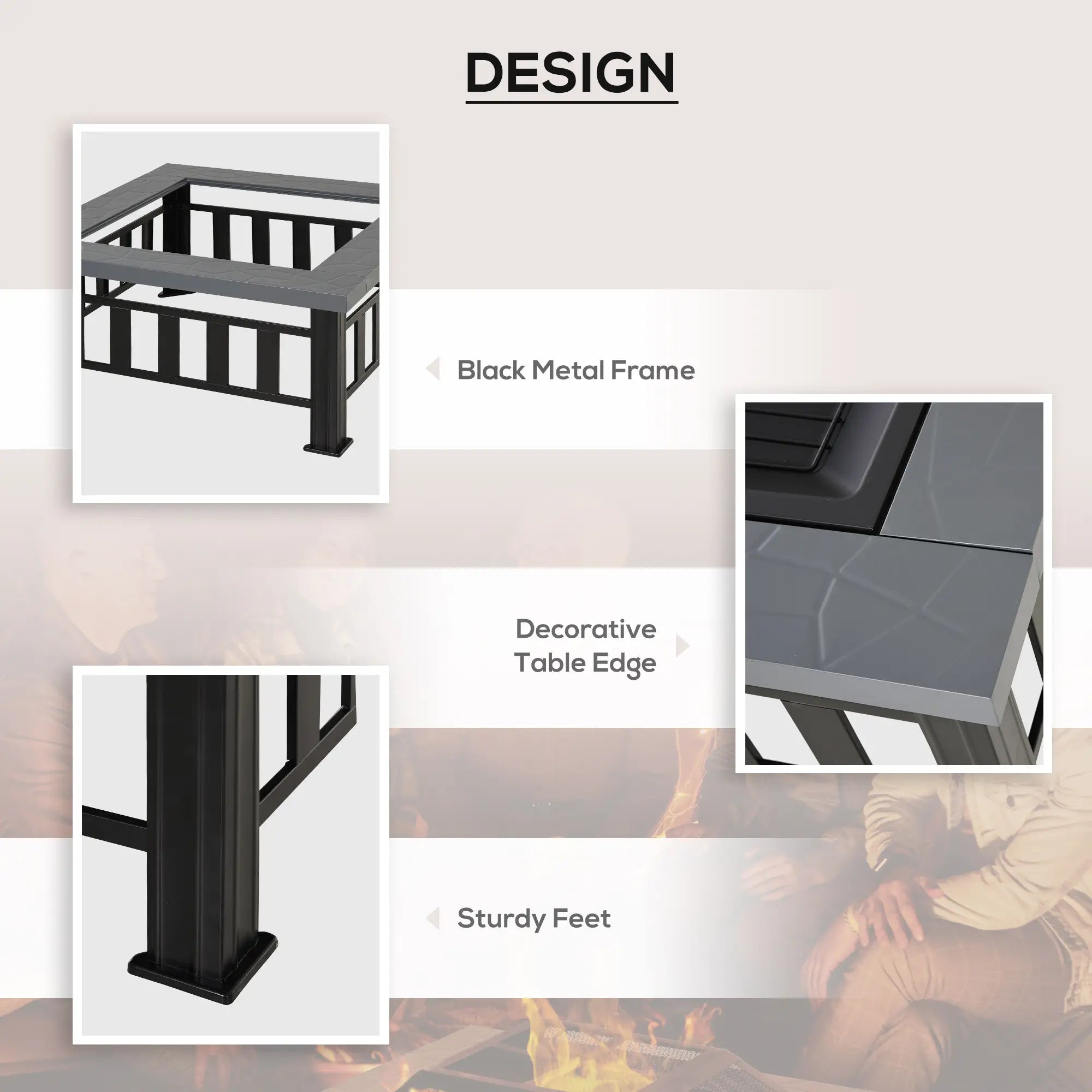 Metal Large Firepit Outdoor Square Fire Pit Brazier w/ Rain Cover, Lid, Log Grate, Poker for Backyard, Camping, BBQ, Bonfire, Wood Burning Stove, 86 x 86 x 54cm, Black