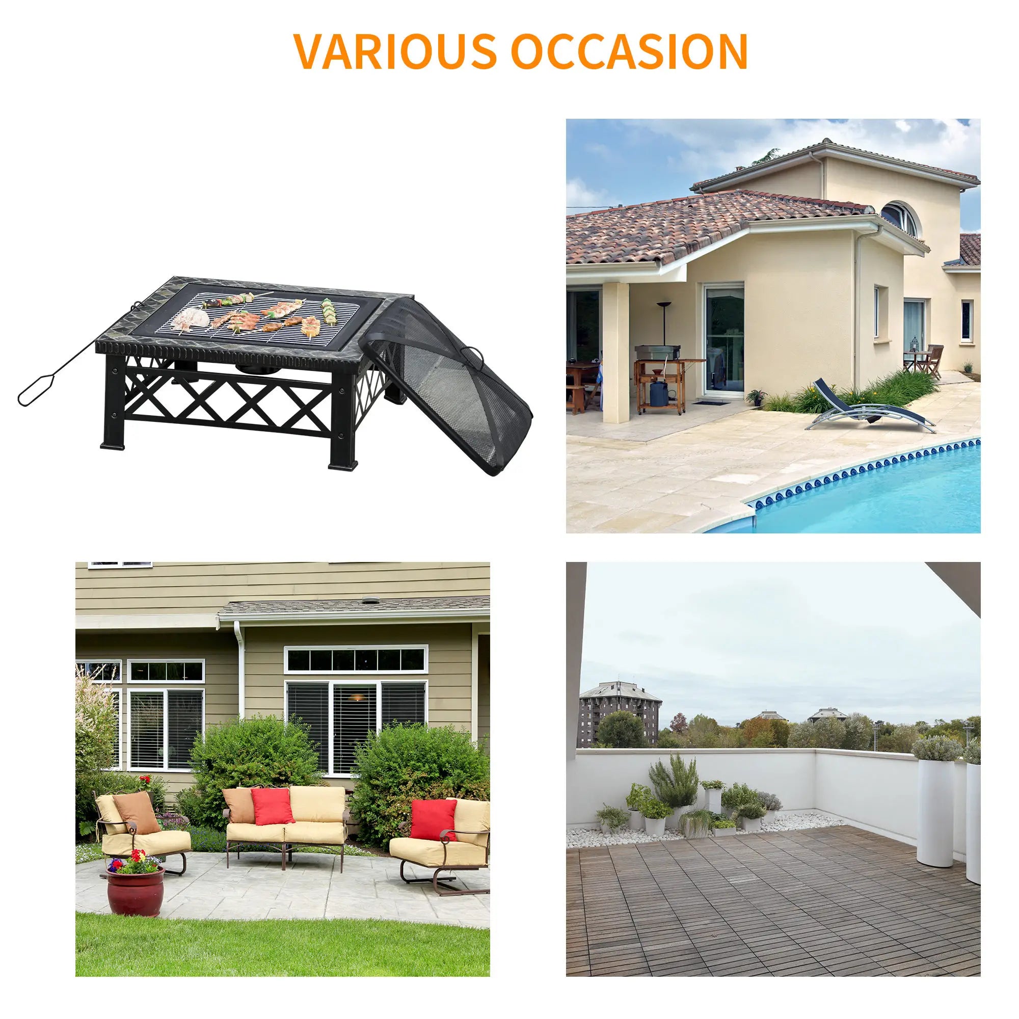 Large Outdoor Fire Pit Table, 3 in 1 Square Wood Burning Firepit Metal Brazier, BBQ Grill, Ice Bucket w/ Grill Grate, Log Grate, Lid, Poker for Garden, Camping, Bonfire, 76 x 76 x 47cm, Black