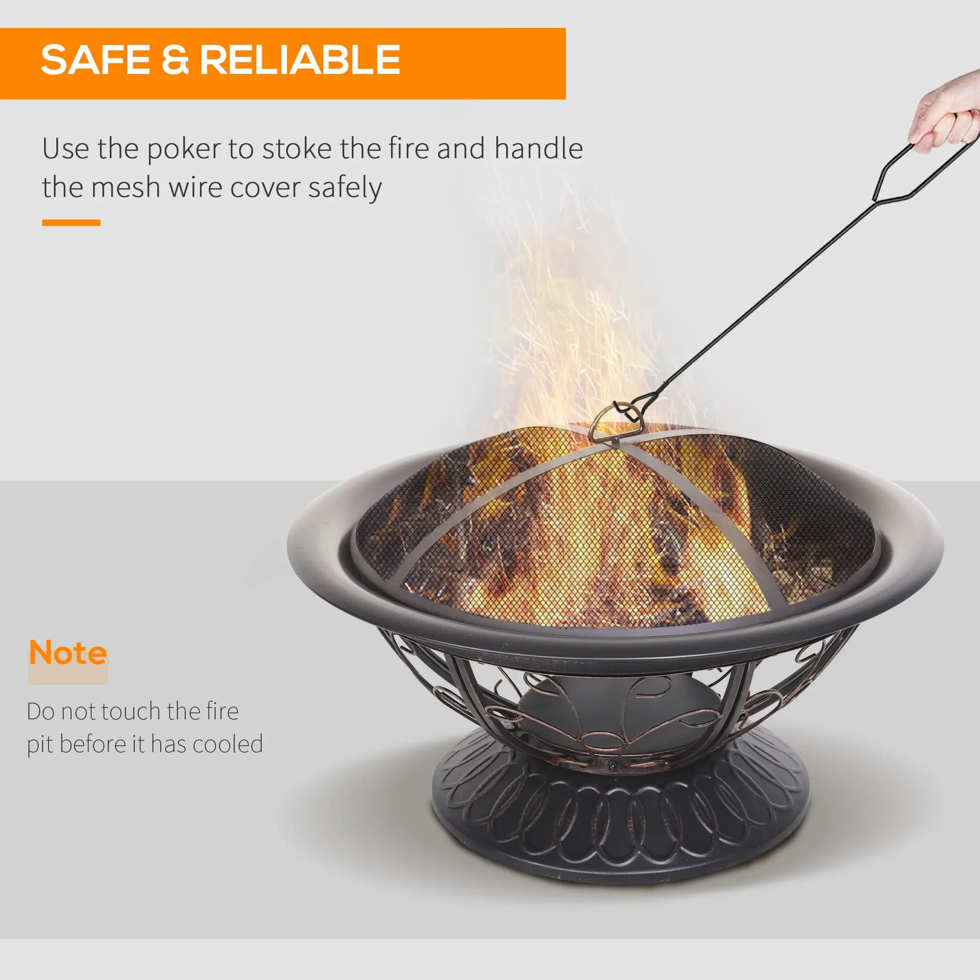 Metal Large Firepit Bowl Outdoor Round Fire Pit Brazier w/ Lid, Log Grate, Poker, Elegant Scrolls for Backyard, Camping, Bonfire, Wood Burning Stove, 76 x 76 x 50cm, Black