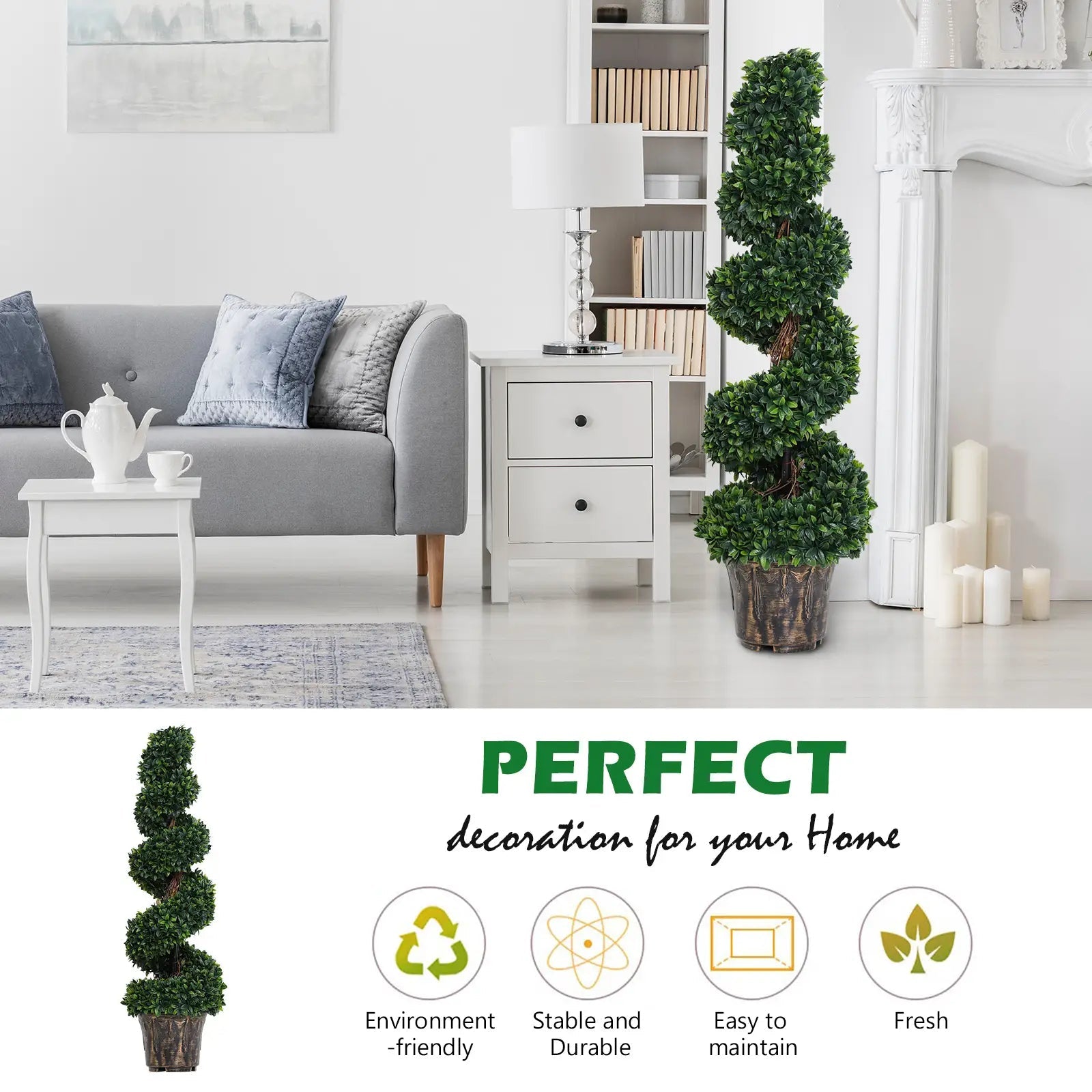 Set of 2 Artificial Boxwood Spiral Topiary Trees Potted Decorative Plant Outdoor and Indoor Décor 120cm Bargain Clearance Centre