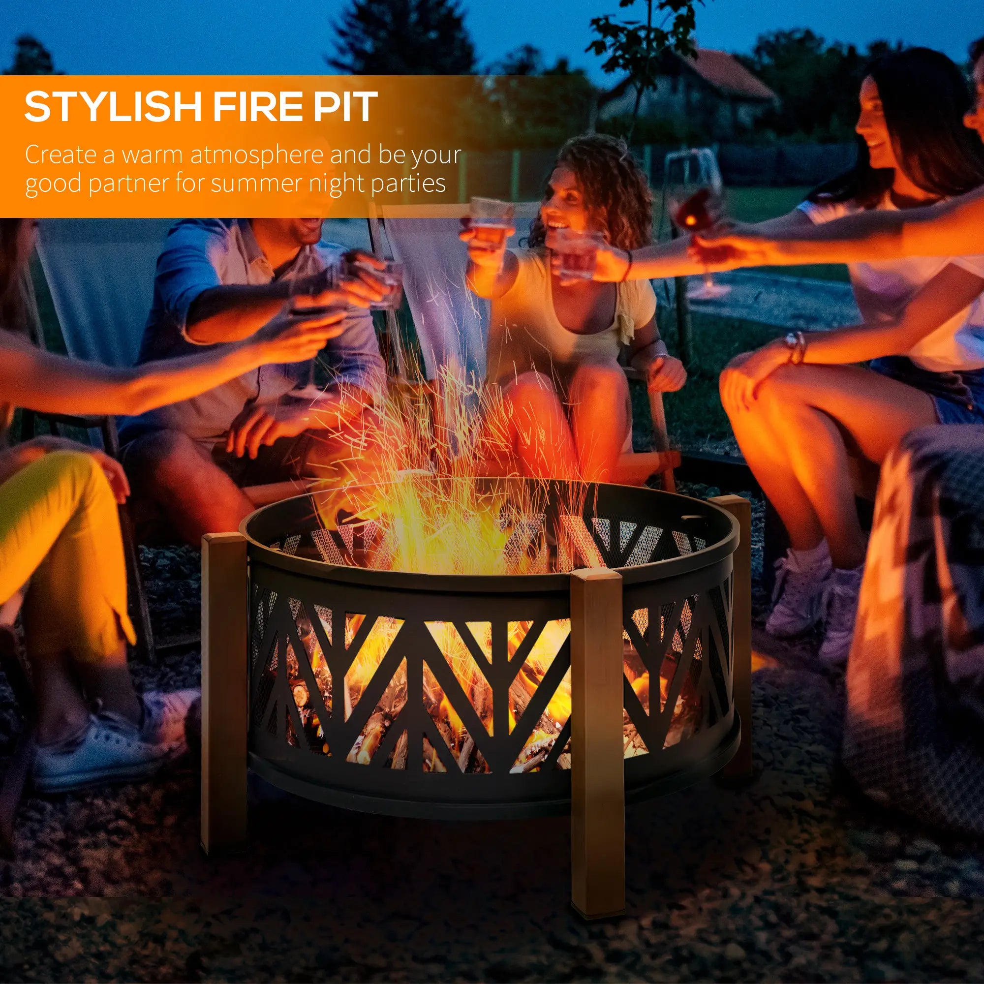 Metal Large Firepit Bowl Outdoor 2-In-1 Round Fire Pit Brazier w/ Lid, BBQ Grill, Poker for Backyard, Camping, Bonfire, Wood Burning Stove, 78 x 78 x 60cm, Black