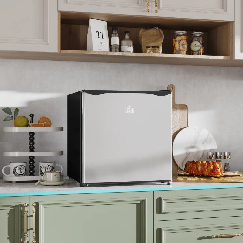 46 Litre Table Top Mini Fridge, Small Fridge with Ice Box, Reversible Door, Adjustable Temperature and Legs for Bedrooms, Home Office, Silver Tone