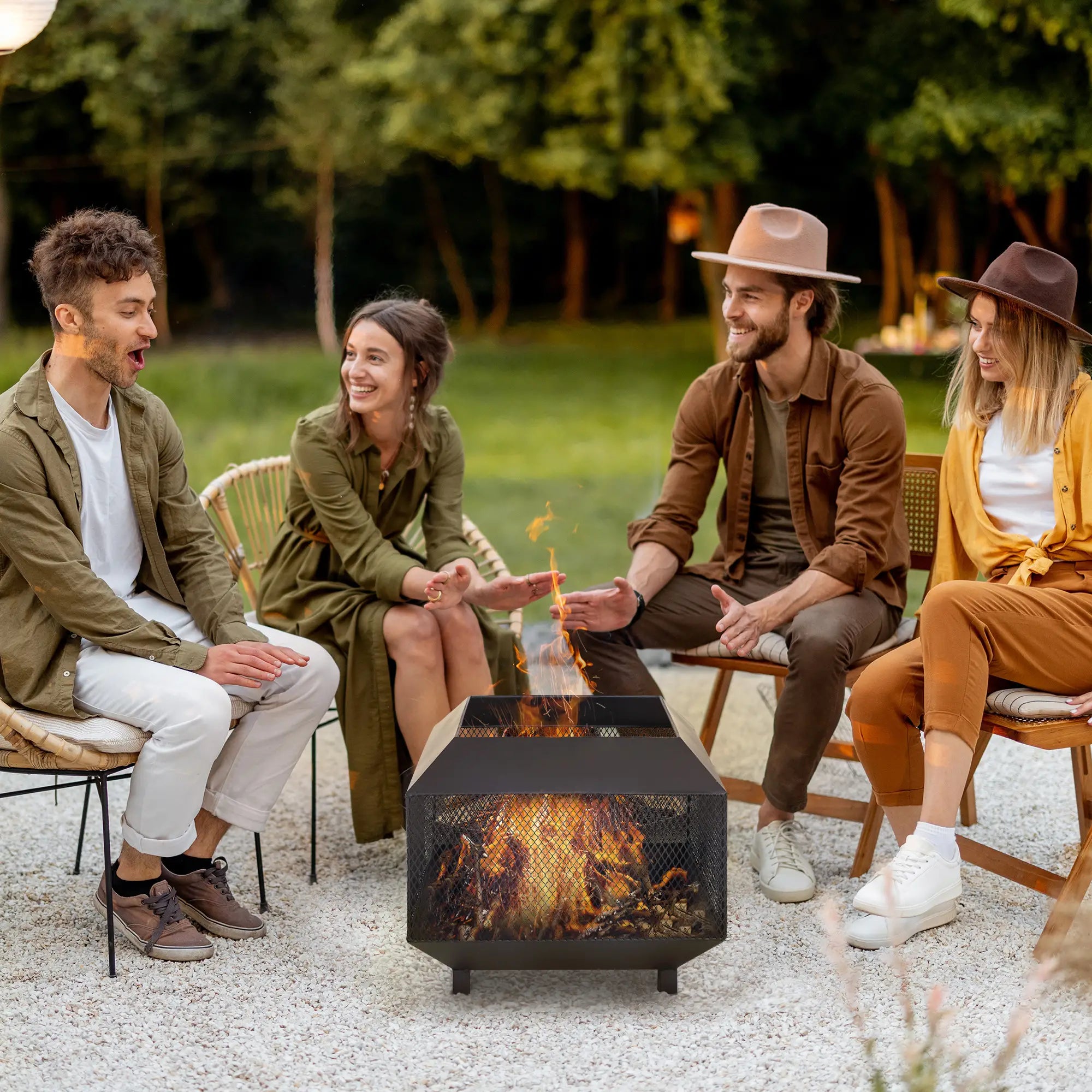 Metal Square Fire Pit Outdoor Mesh Firepit Brazier w/ Lid, Log Grate, Poker for Backyard, Camping, Bonfire, Wood Burning Stove, 44 x 44 x 40cm, Black