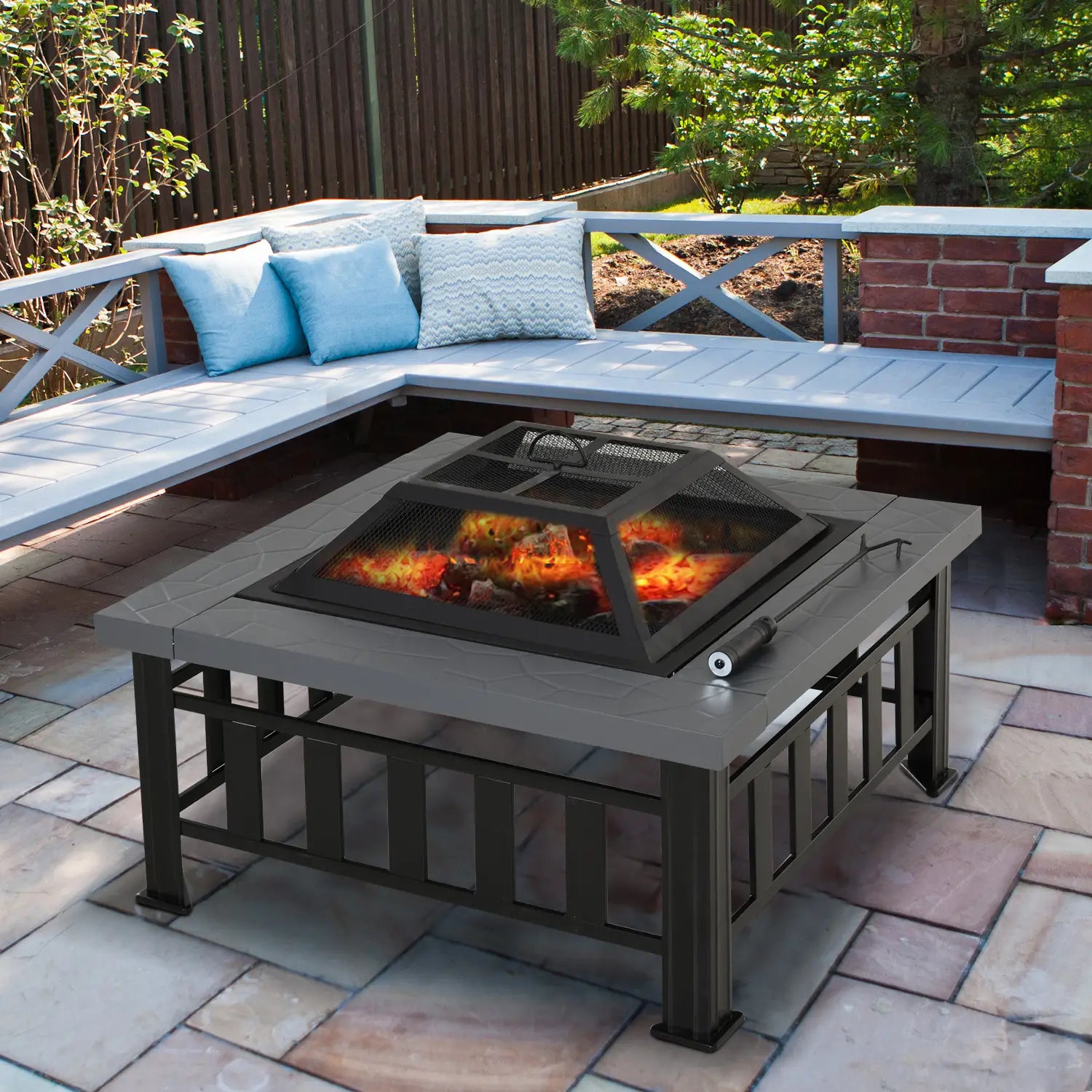 Metal Large Firepit Outdoor Square Fire Pit Brazier w/ Rain Cover, Lid, Log Grate, Poker for Backyard, Camping, BBQ, Bonfire, Wood Burning Stove, 86 x 86 x 54cm, Black
