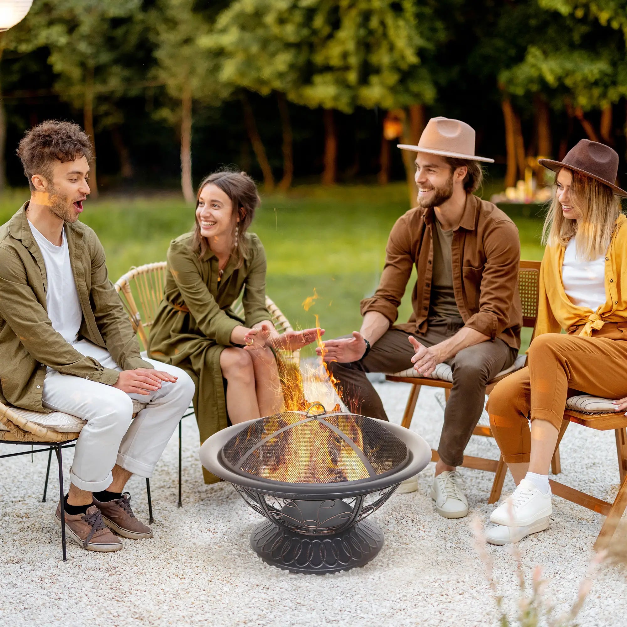 Metal Large Firepit Bowl Outdoor Round Fire Pit Brazier w/ Lid, Log Grate, Poker, Elegant Scrolls for Backyard, Camping, Bonfire, Wood Burning Stove, 76 x 76 x 50cm, Black