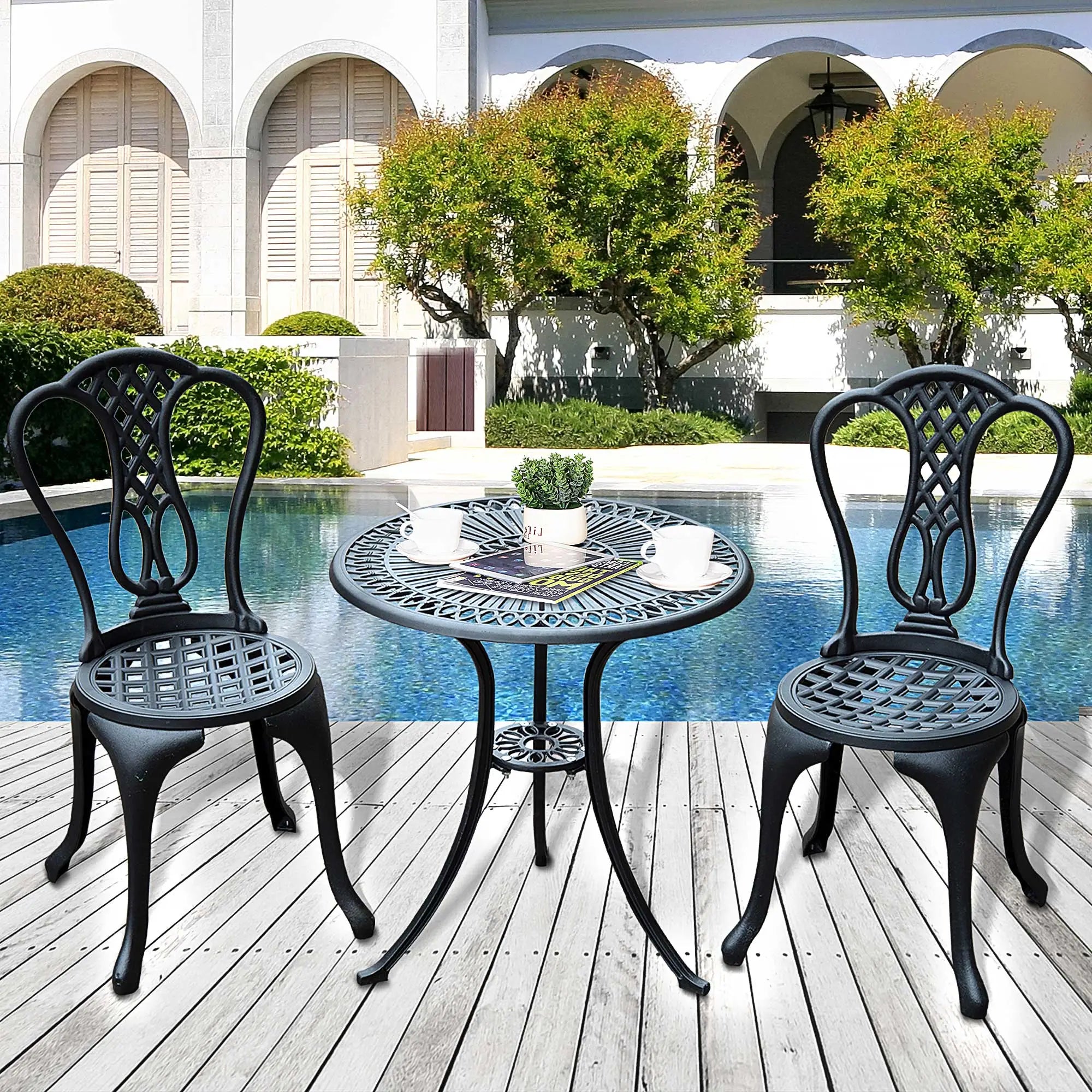 3 Piece Patio Cast Aluminium Bistro Set Garden Outdoor Furniture Table and Chairs Shabby Chic Style