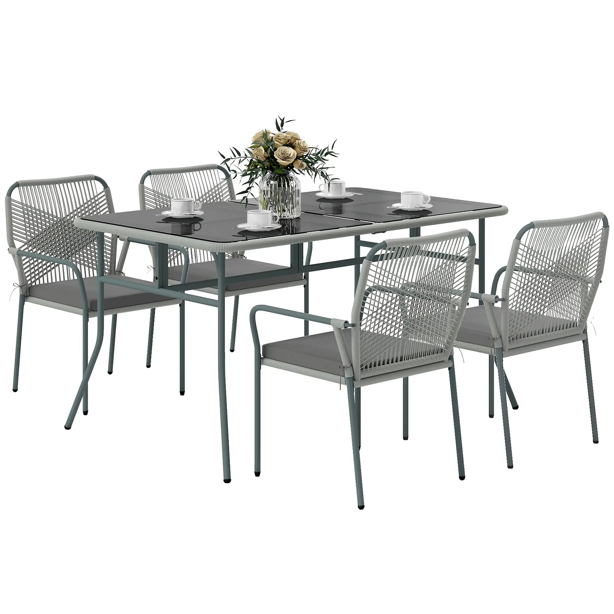 Five-Piece PE Rattan Garden Dining Set with Cushions & Stackable Chairs - Light Grey