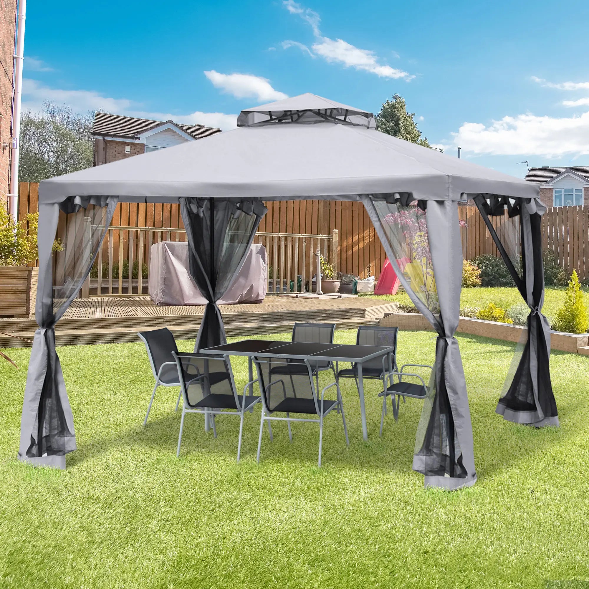 3 x 3 m Metal Gazebo, Garden Pavillion, Double Roof Outdoor Canopy Shelter with Mesh Sidewalls, Grey