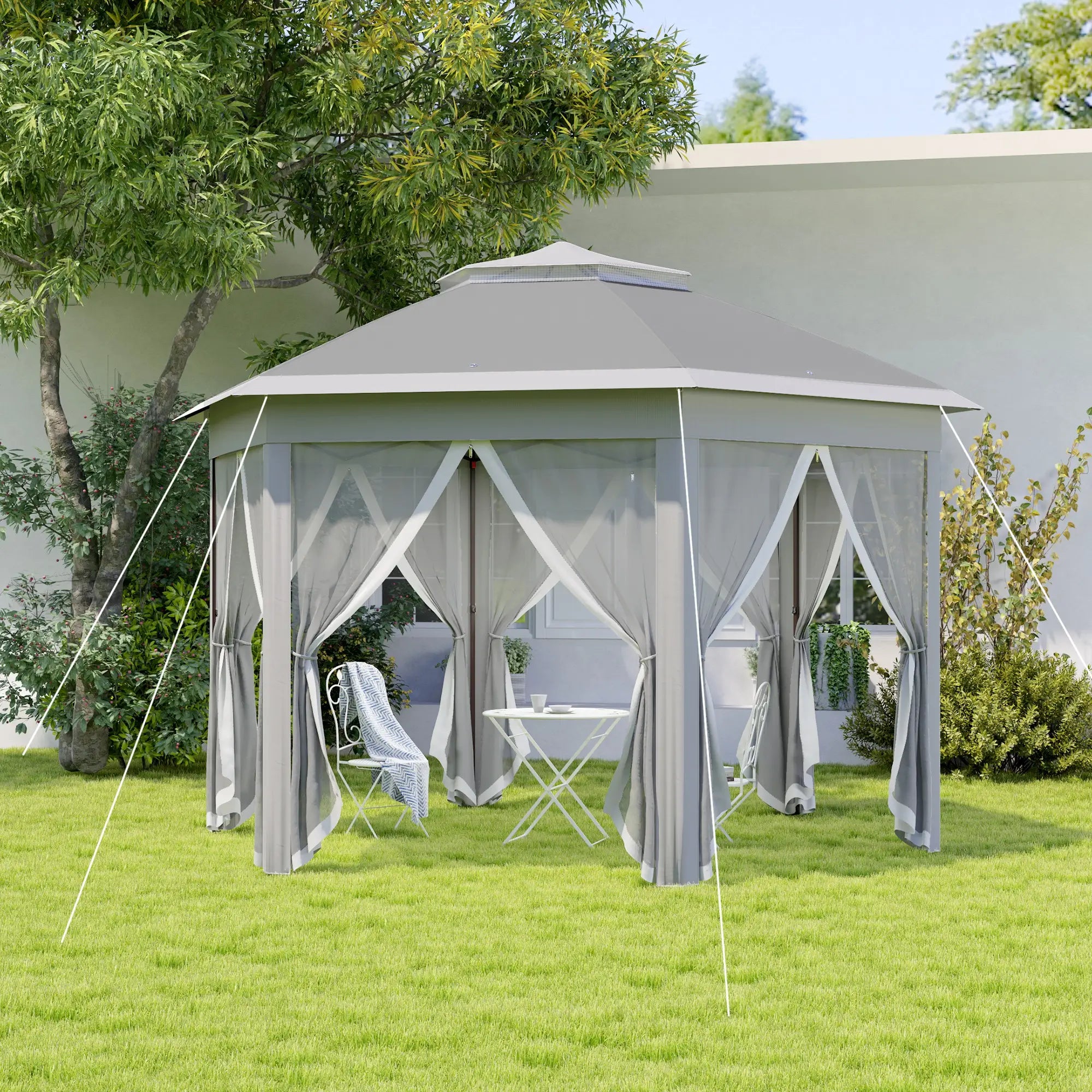 3 x 4m Garden Gazebo Hexagon Pop Up Gazebo Party Tent Canopy Double Roof Instant Shelter with Netting and Carry Bag for Outdoor Patio, Dark Grey