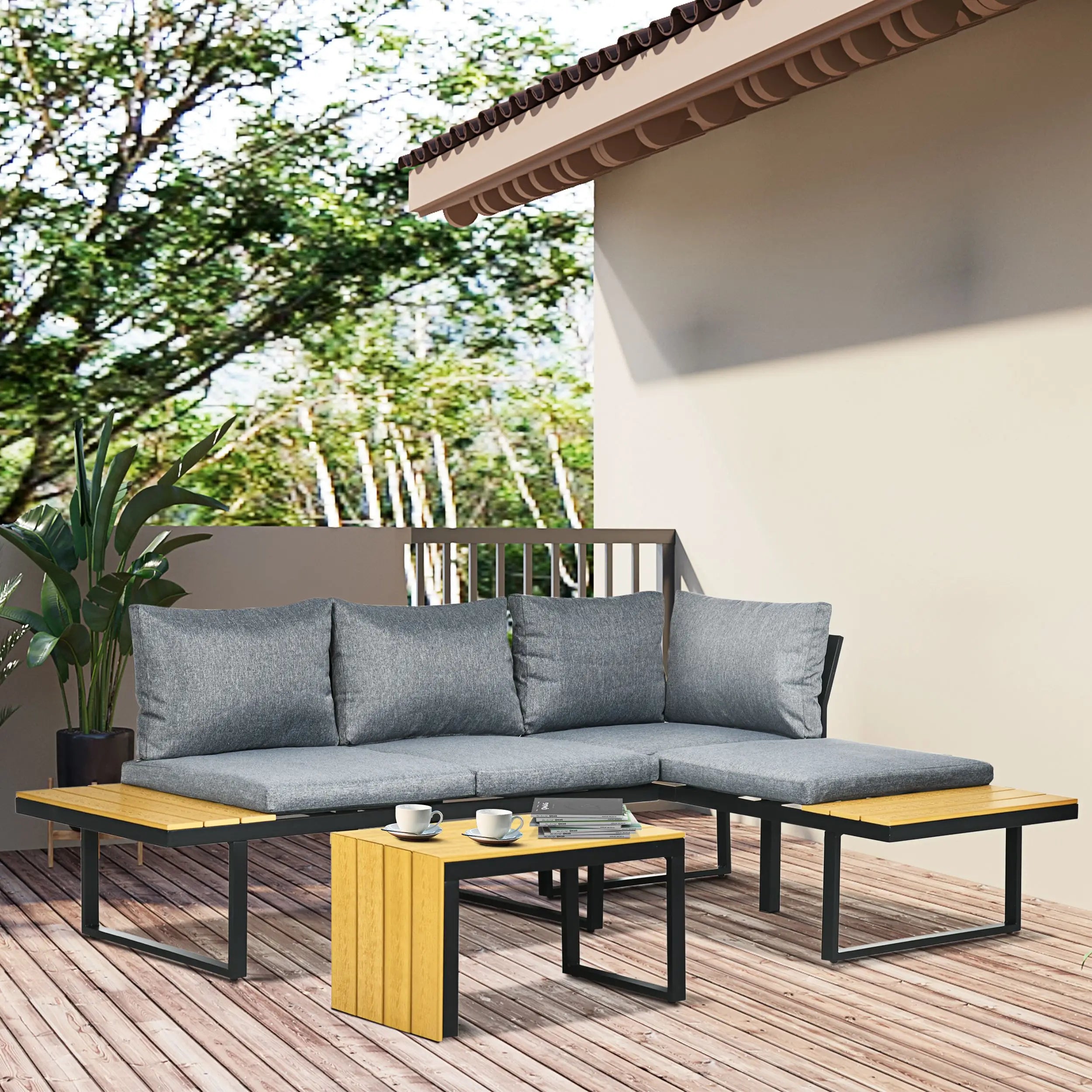 3 Pieces Patio Furniture Set, Outdoor Garden Sofa Conversation Set w/ Padded Cushions, Wood Grain Plastic Top Table and Side Panel, Dark Grey