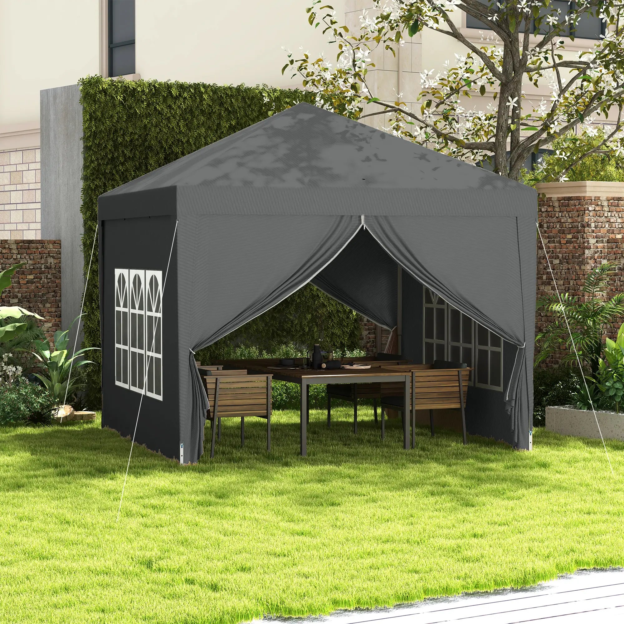 3 x 3 Meters Pop Up Water Resistant Gazebo Wedding Camping Party Tent Canopy Marquee with Carry Bag and 2 Windows, Grey