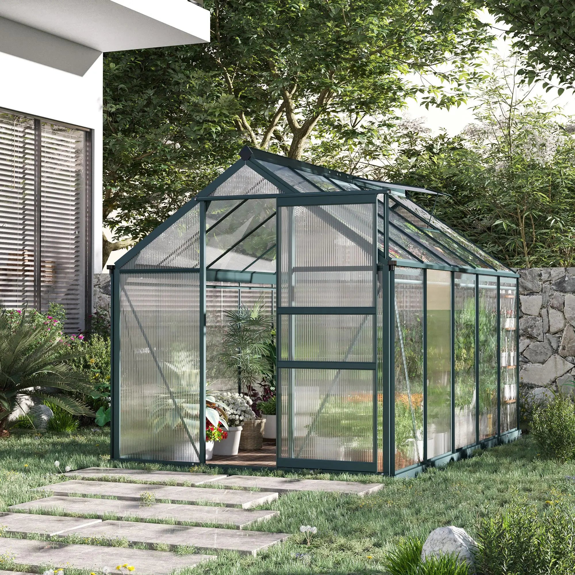 6 x 10ft Polycarbonate Greenhouse, Large Walk-In Green House with Slide Door and Window, Garden Plants Grow House with Aluminium Frame and Foundation, Dark Green