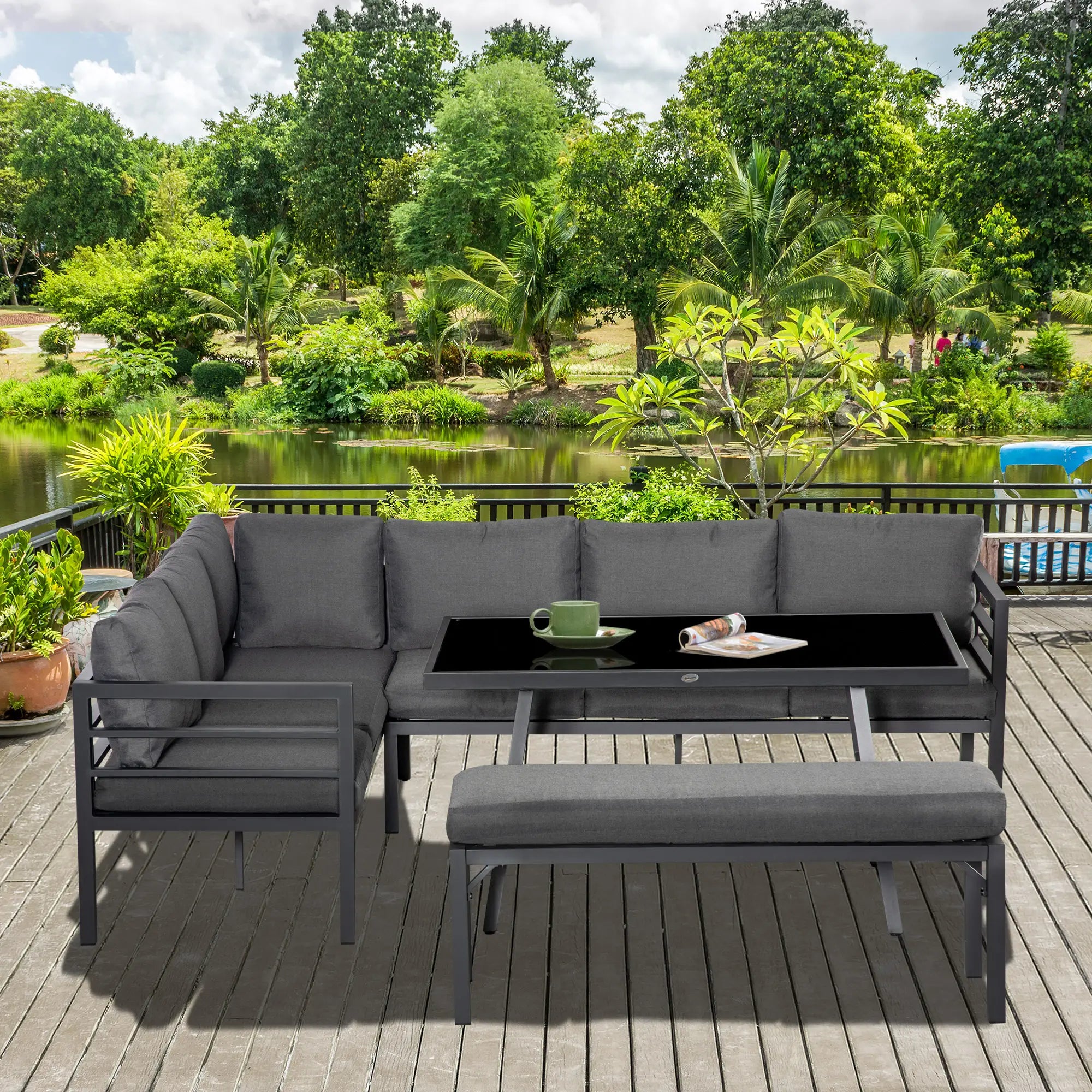 4 Piece L-shaped Garden Furniture Set 8-Seater Aluminium Outdoor Dining Set Conversation Sofa Set w/ Bench, Dining Table & Cushions, Grey