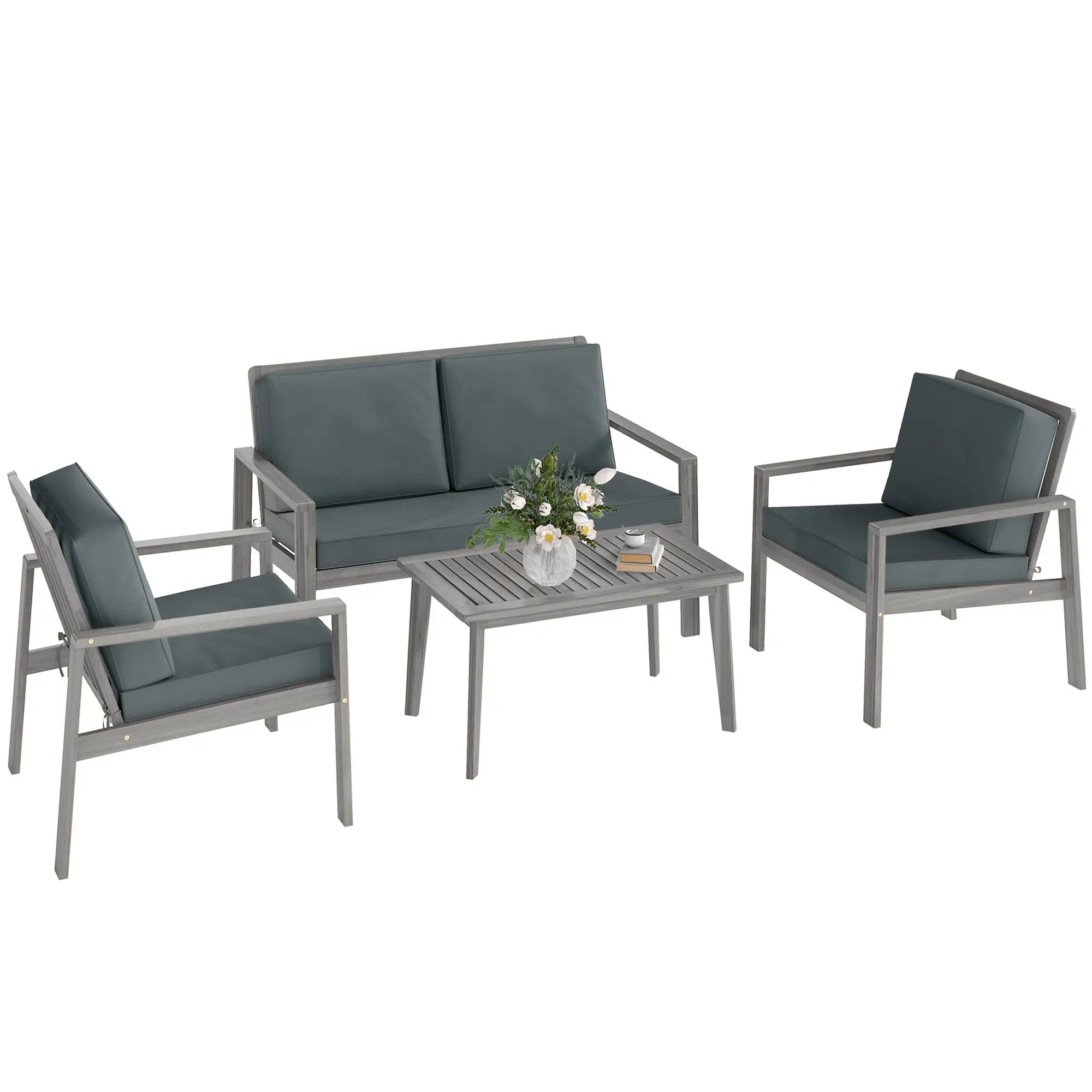 4-Piece Wooden Garden Furniture Set with Cushions - Light Grey
