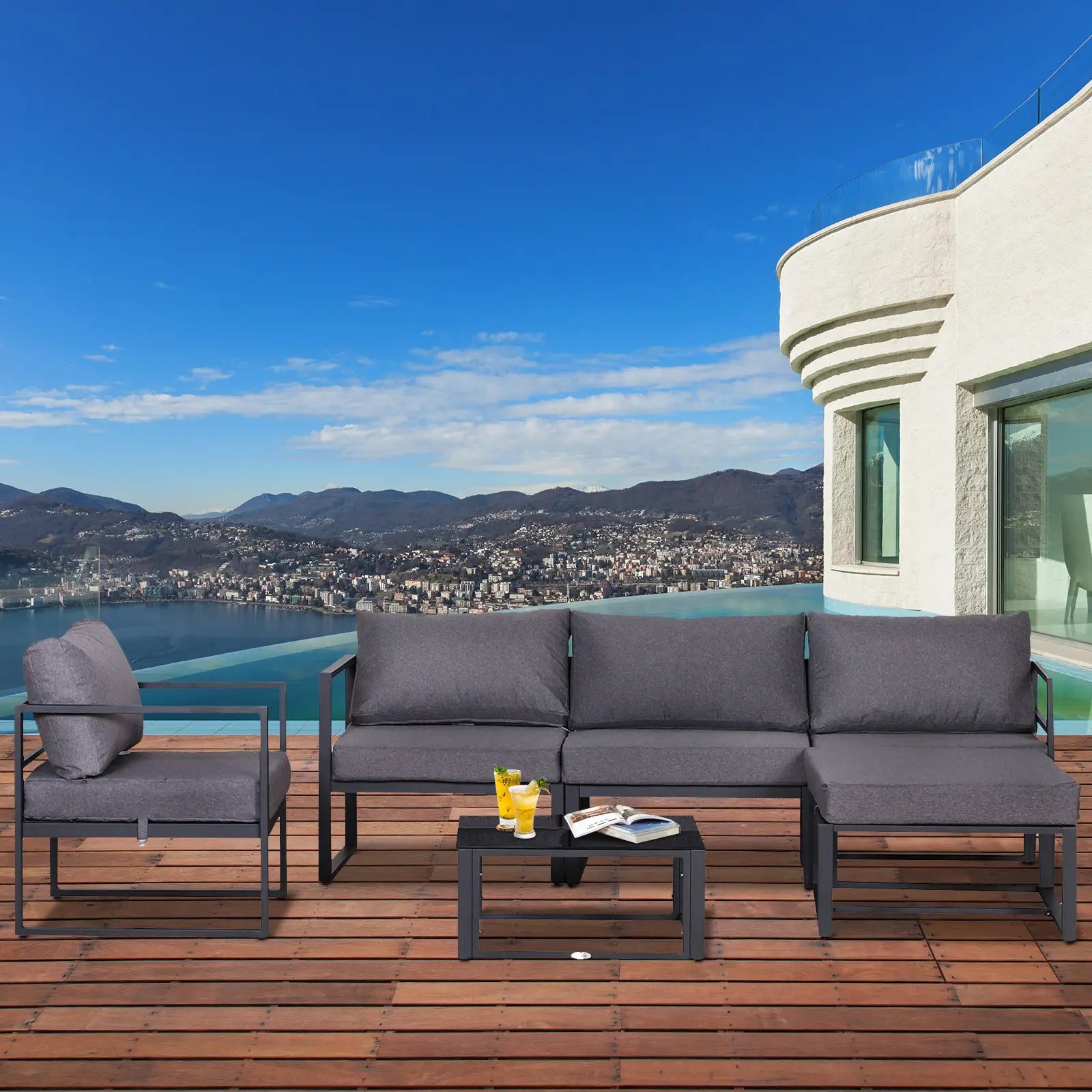 6 PCs Outdoor Indoor Sectional Sofa Set Thick Padded Cushions Aluminium Frame 5 Seaters 1 Coffee Table Footrest Grey