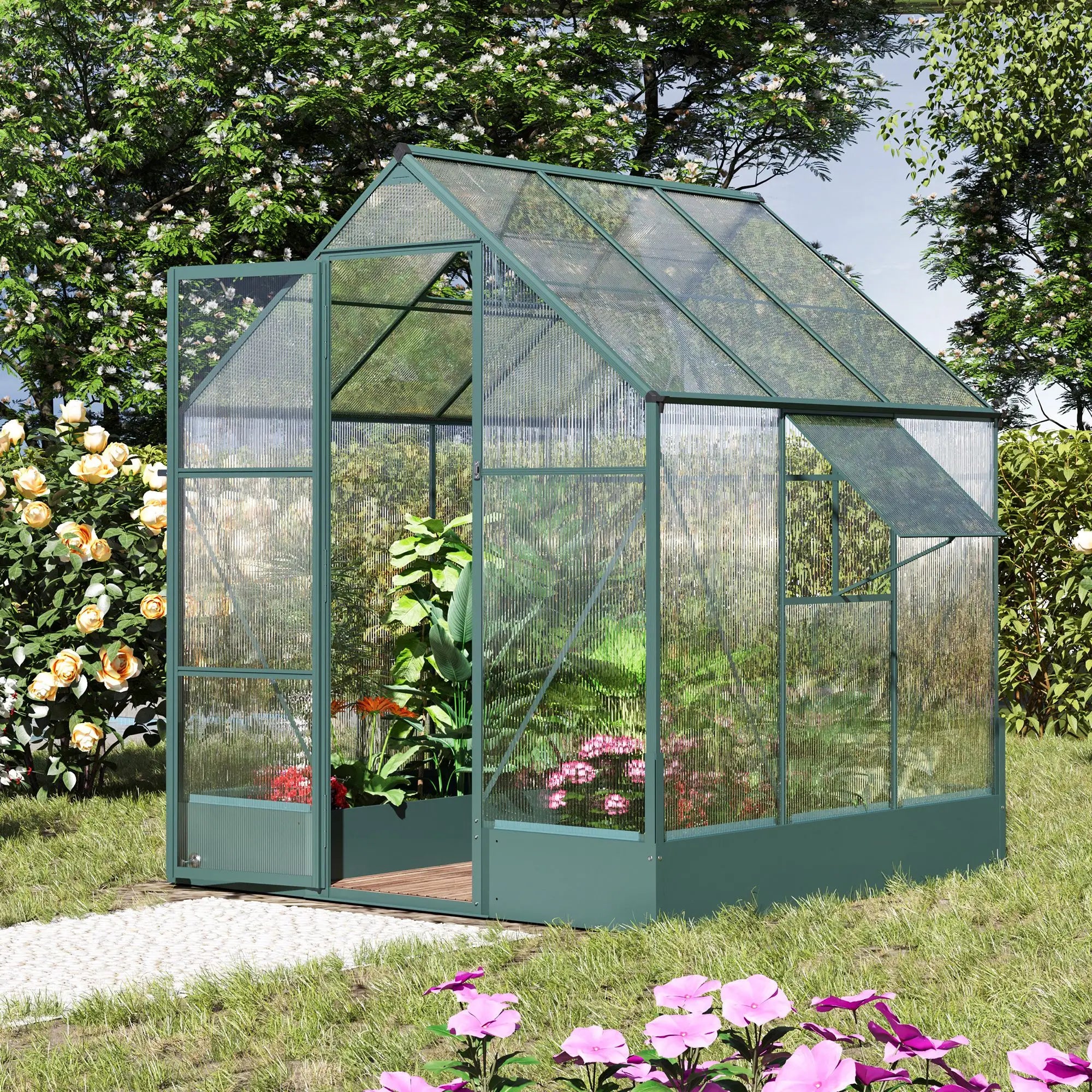 6x6 FT Polycarbonate Greenhouse with Base and Raised Bed, Walk-in Greenhouse with Aluminium Frame, Temperature Controlled Window, Foundation for Plants, Flowers, Vegetable